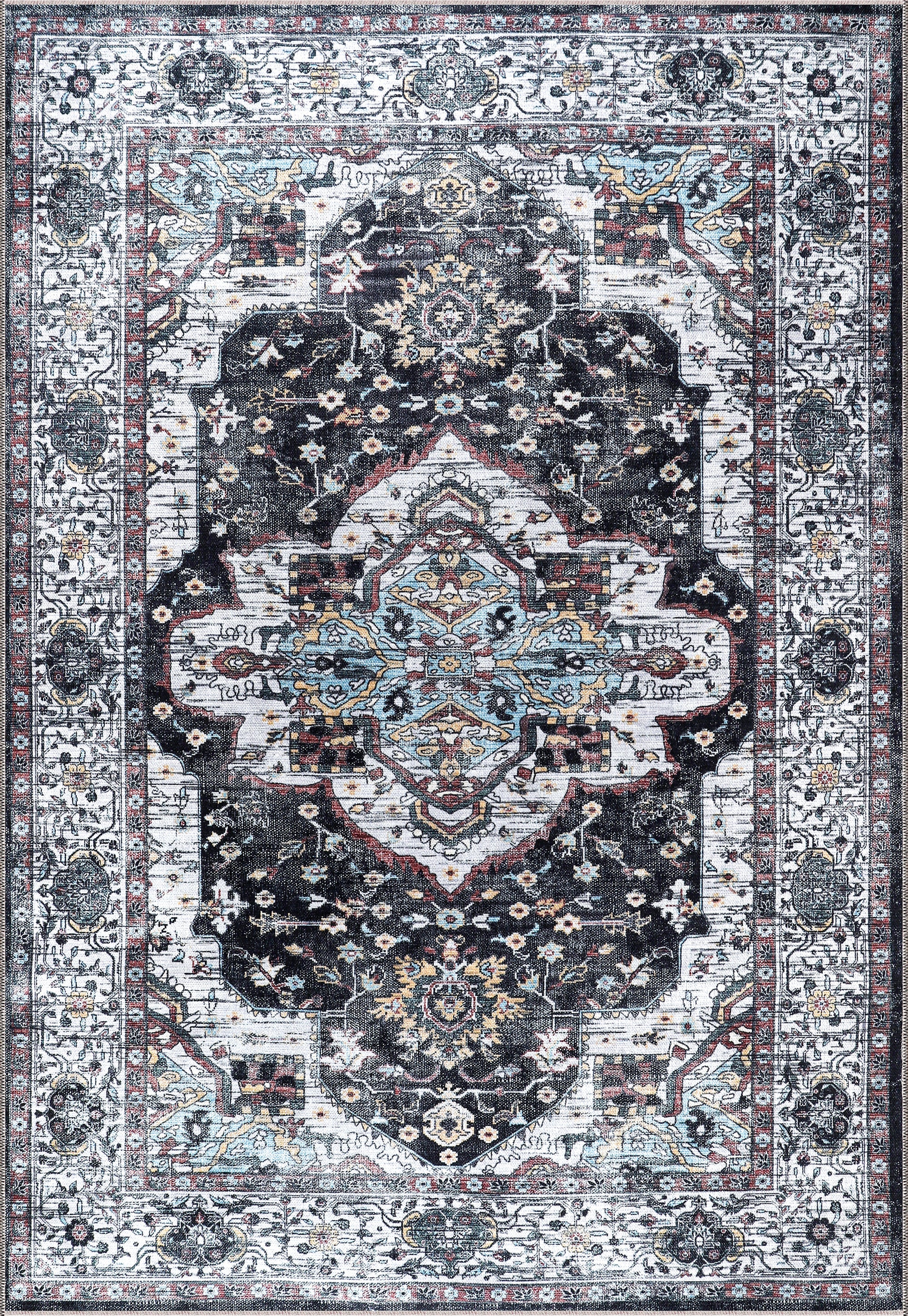 Netline Home Rugs Depot RW1003 – Machine Washable Persian Medallion Rug | Vintage Black & White Oriental Carpet with Blue Accents for Living Room, Bedroom & Dining