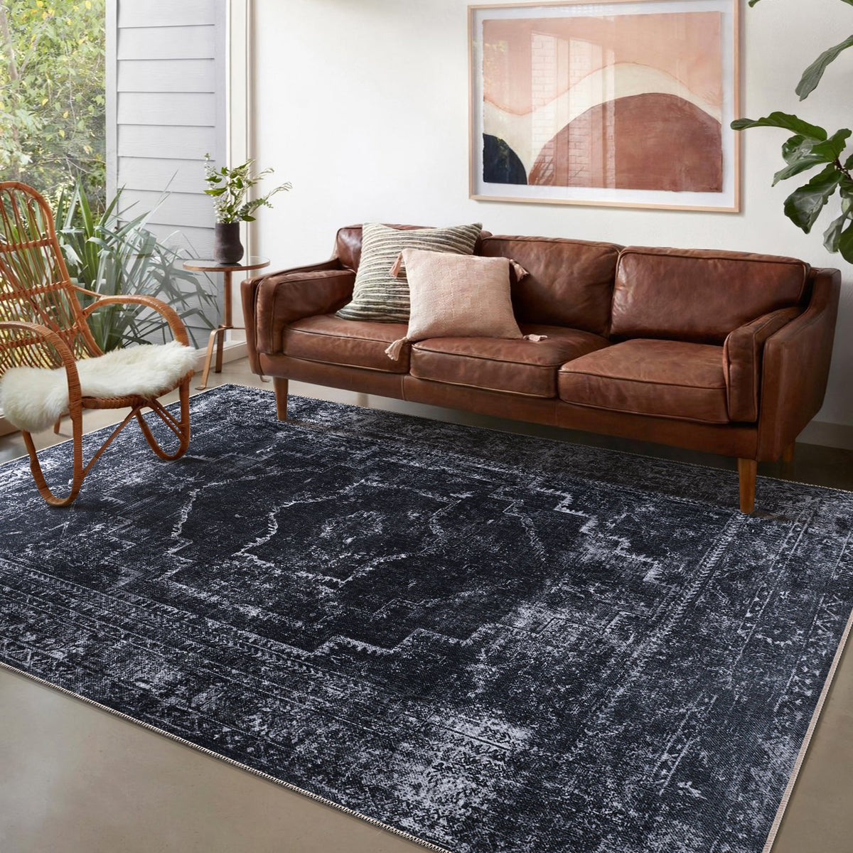 RW1007 washable chenille area rug in a modern living room