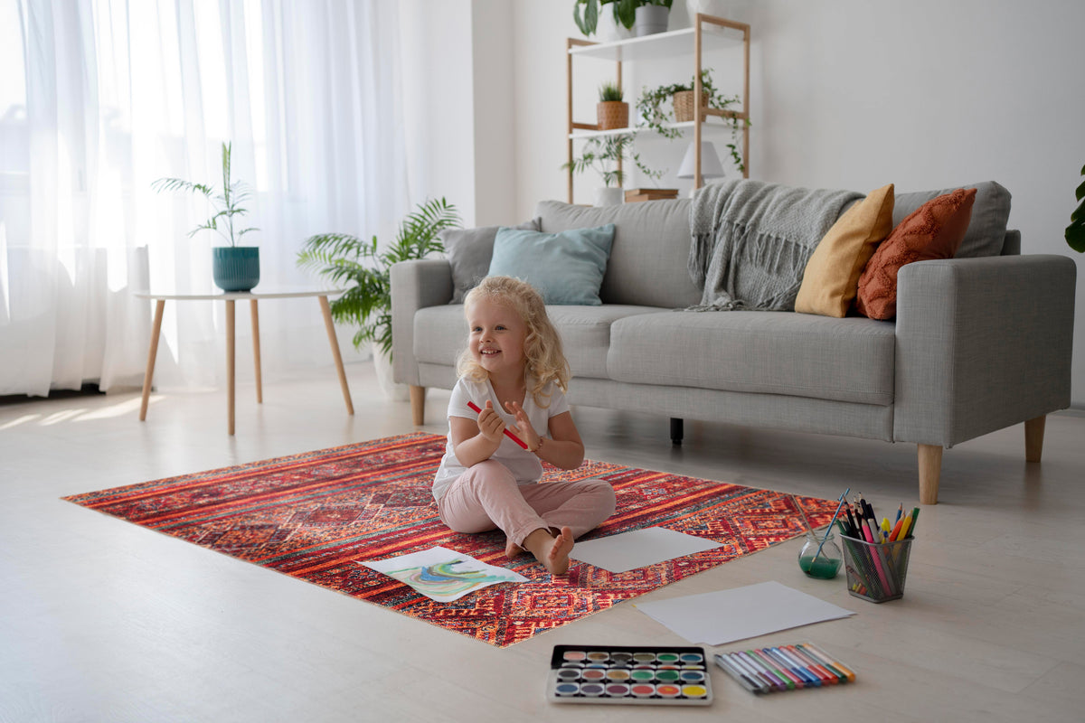 Multicolor tribal diamond washable rug by Netline Home, Kilim-inspired carpet with striped design for living room, bedroom, or dining.