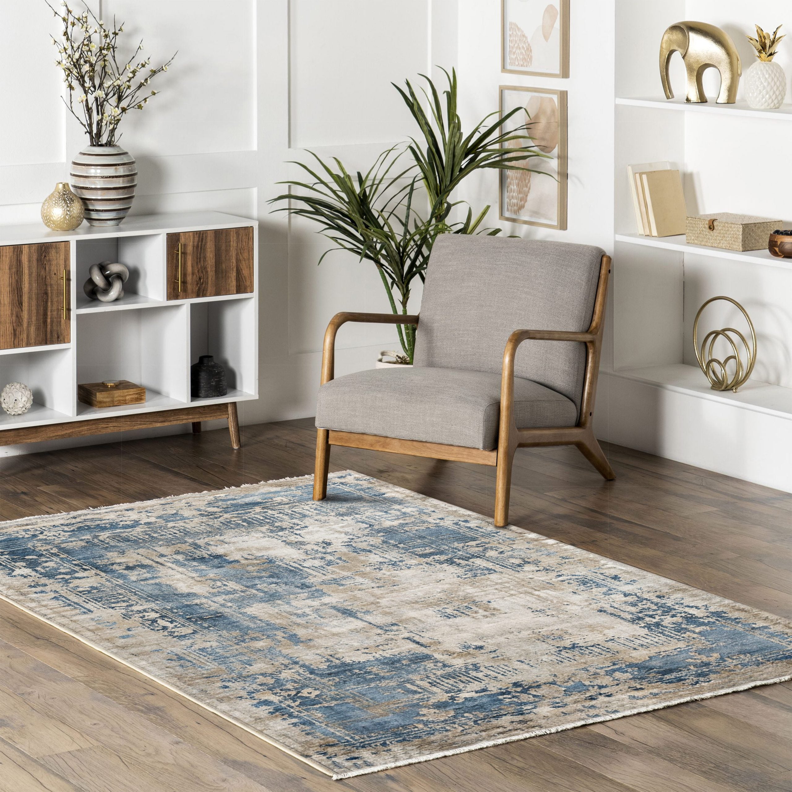 Netline Home Gray Silver Blue Navy Classic Vintage Machine Washable Chenille Rug Design NH7007 - Gallery Image 7 - Netline Home