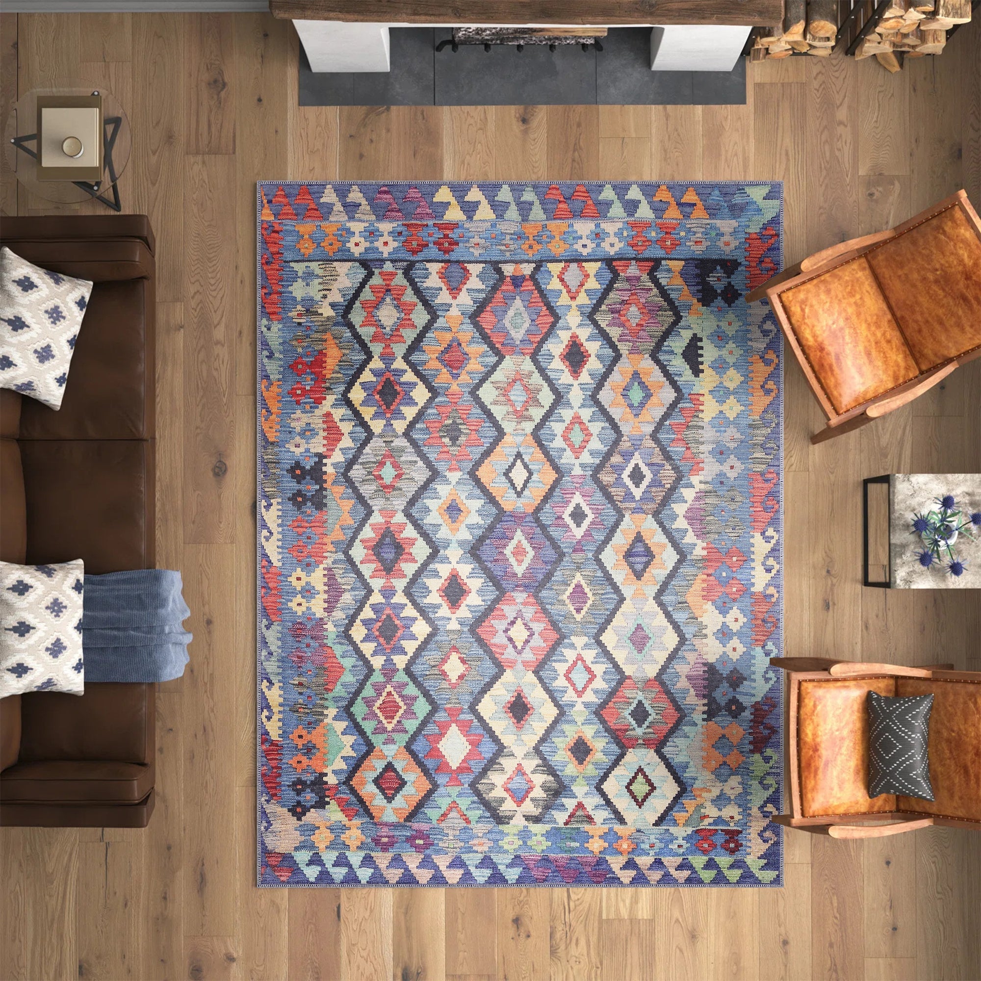 Netline Home Rugs Depot – Kilim Tribal Geometric Multicolor Rug | Machine Washable Chenille Rug with Non-Slip Cotton Backing