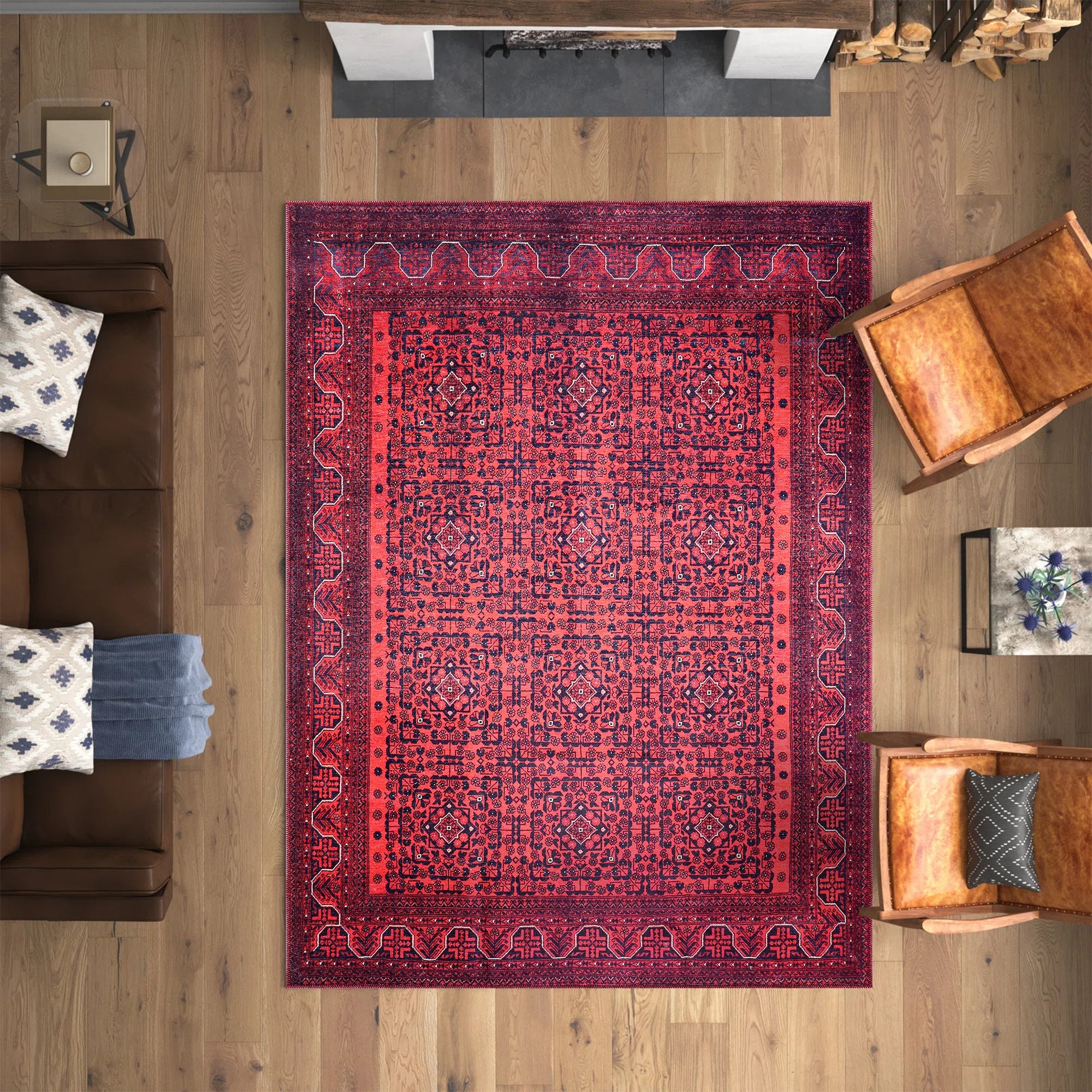 Netline Home Rugs Depot NH1317 – Machine Washable Bokhara Red Rug | Classic Geometric Oriental Carpet for Living Room & Bedroom