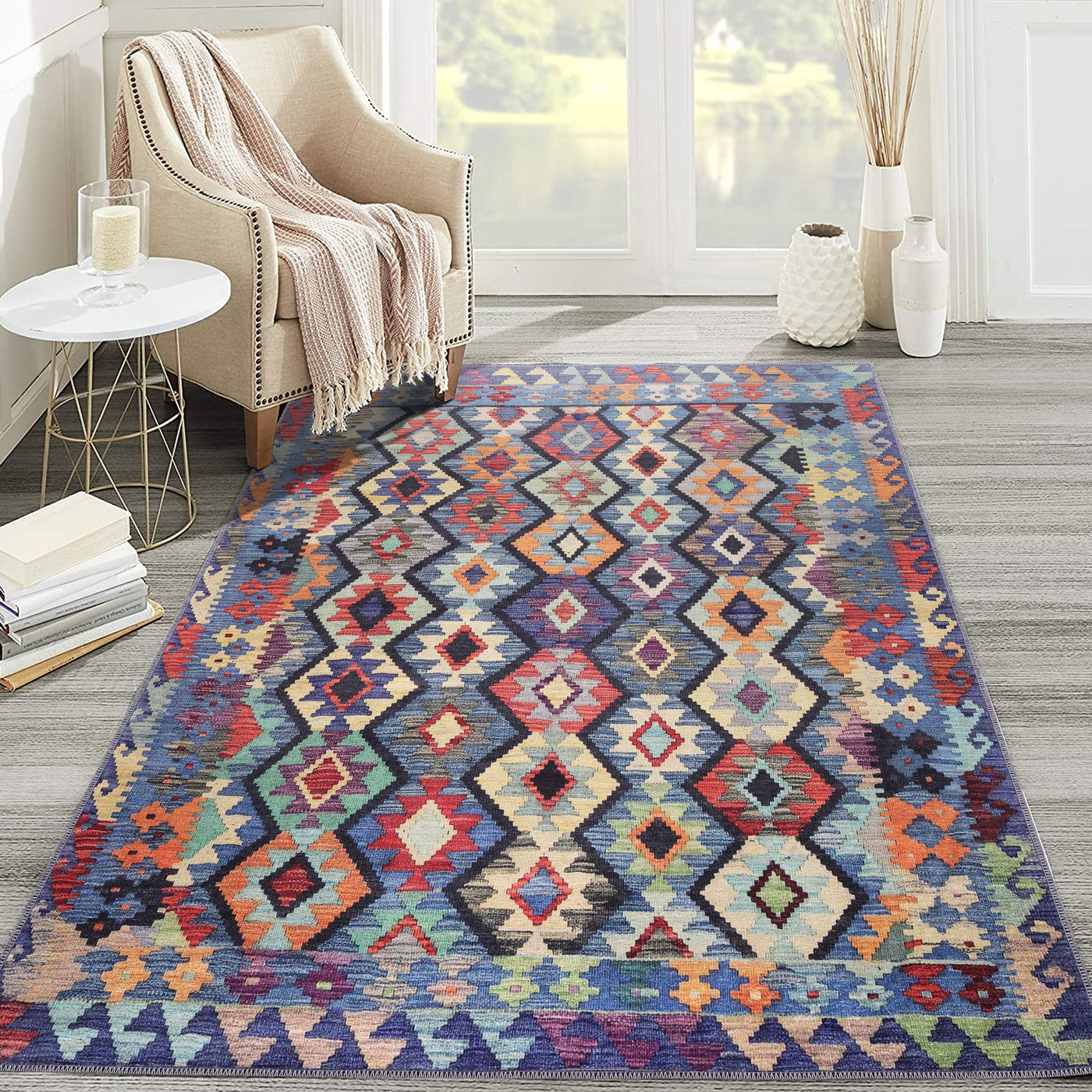 Colorful Kilim tribal geometric washable rug by Netline Home with machine washable chenille fabric and non-slip cotton backing.