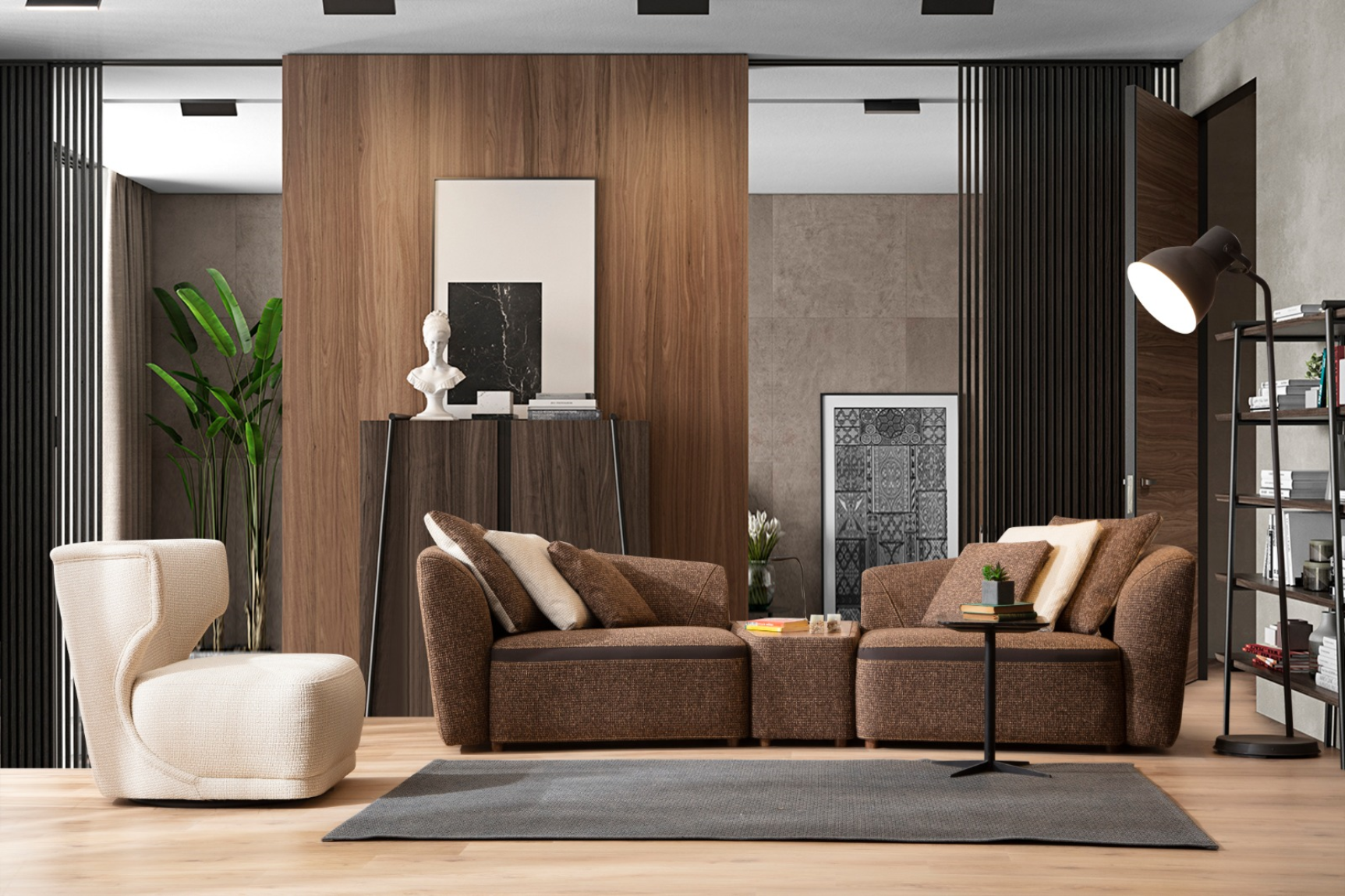 A modern Aoria 3-seater corner sofa by Netline Home Interior with plush cushions in a spacious lounge setting.