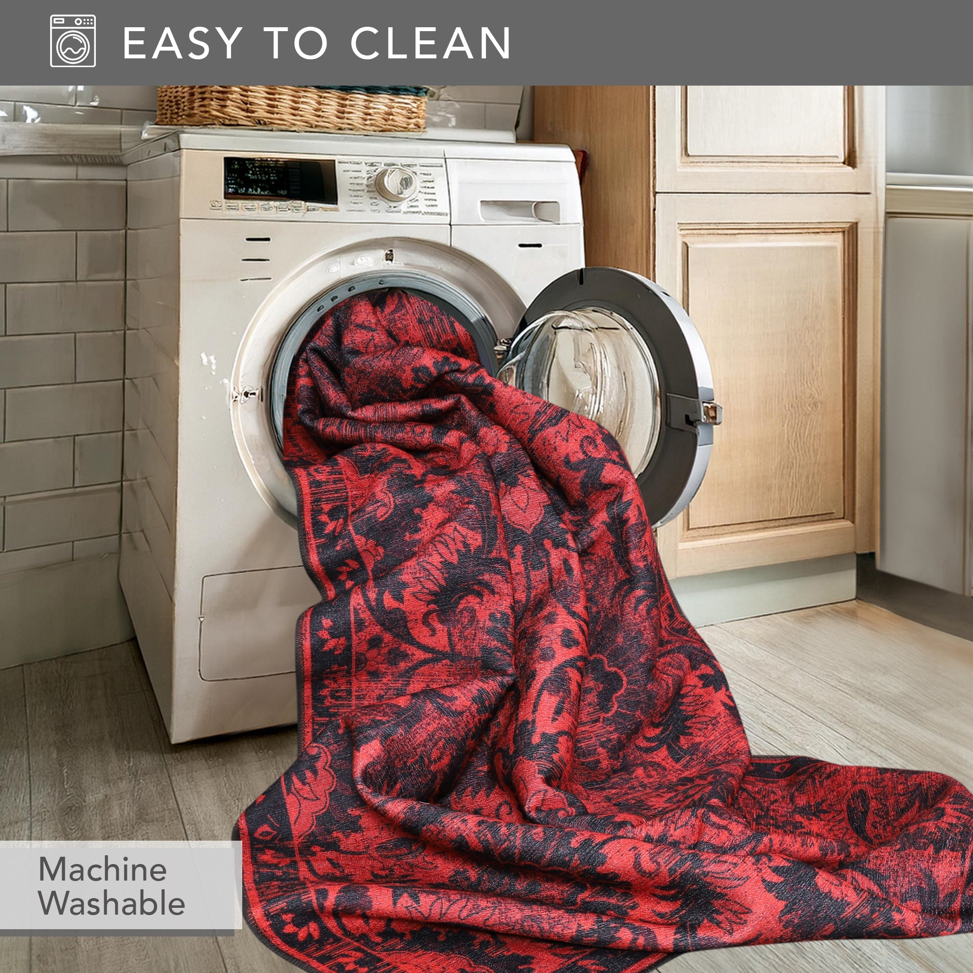 Netline Home Rugs Depot RW1010 – Machine Washable Red Vintage Floral Rug | Damask-Inspired Oriental Carpet for Living Room, Bedroom & Dining