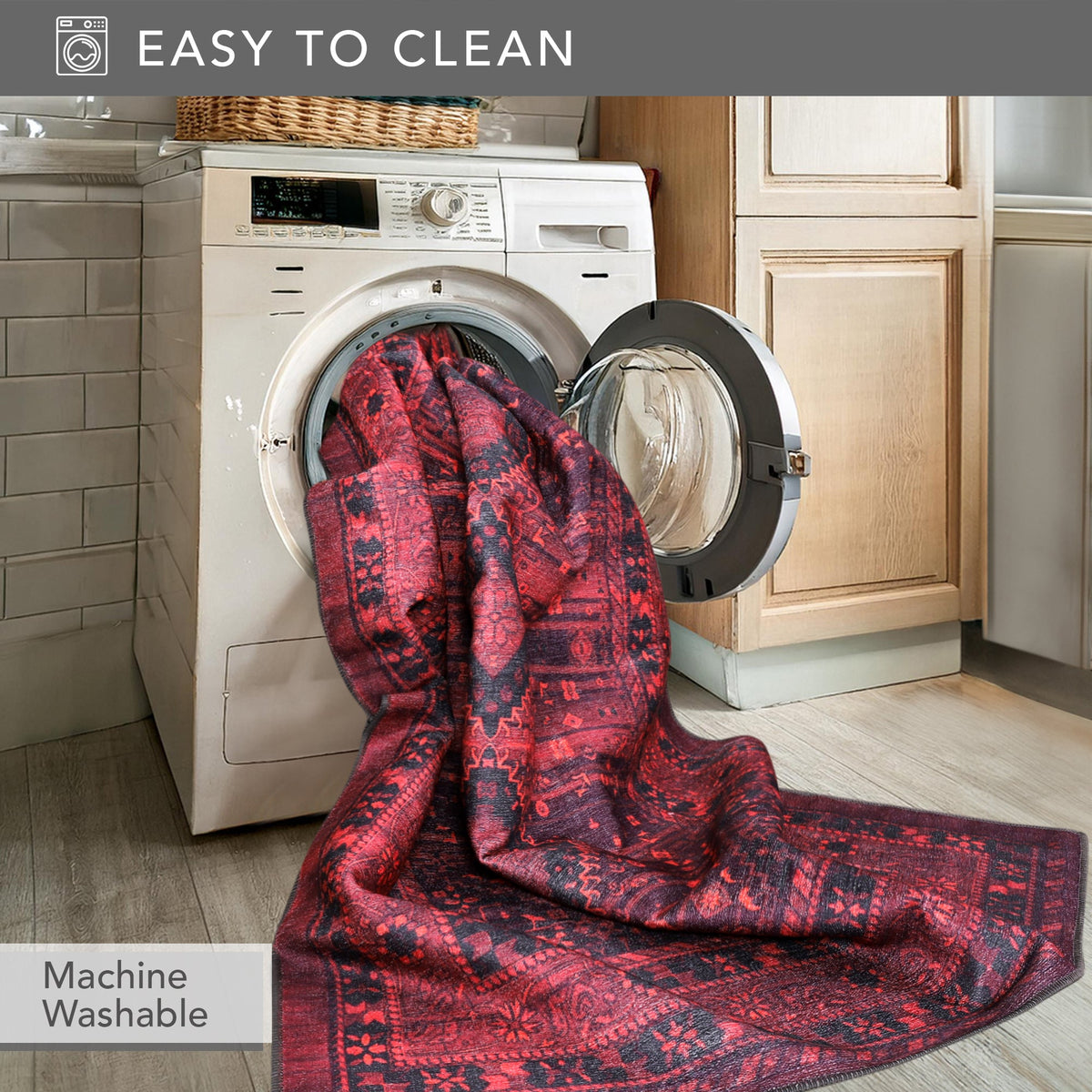 Red tribal medallion washable rug by Netline Home featuring oriental geometric design, perfect for living room, bedroom, or office.