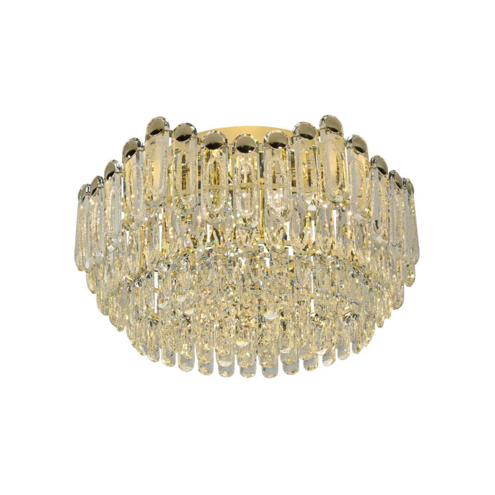 Gold Cascade Crystal Flush Chandelier Ceiling Light by Netline Home Interior, elegant contemporary ceiling lighting fixture with hanging crystals.