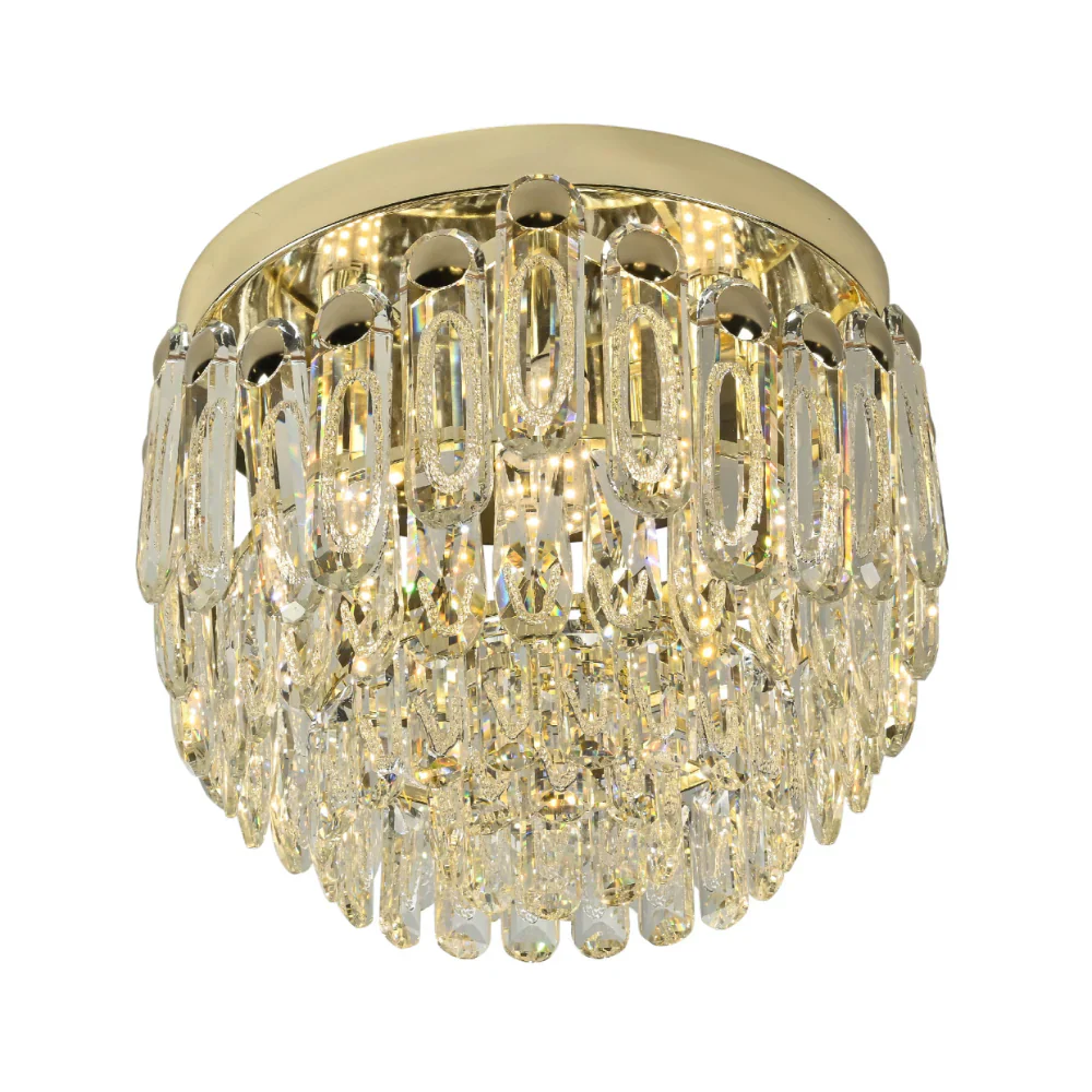 Netline Home Interior Cascade Crystal Flush Chandelier ceiling light with gold finish, featuring cascading crystal strands for modern living rooms.