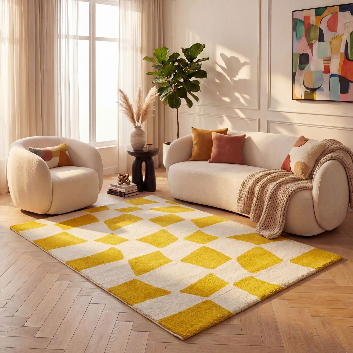 Joli Checkered Yellow & White Rug