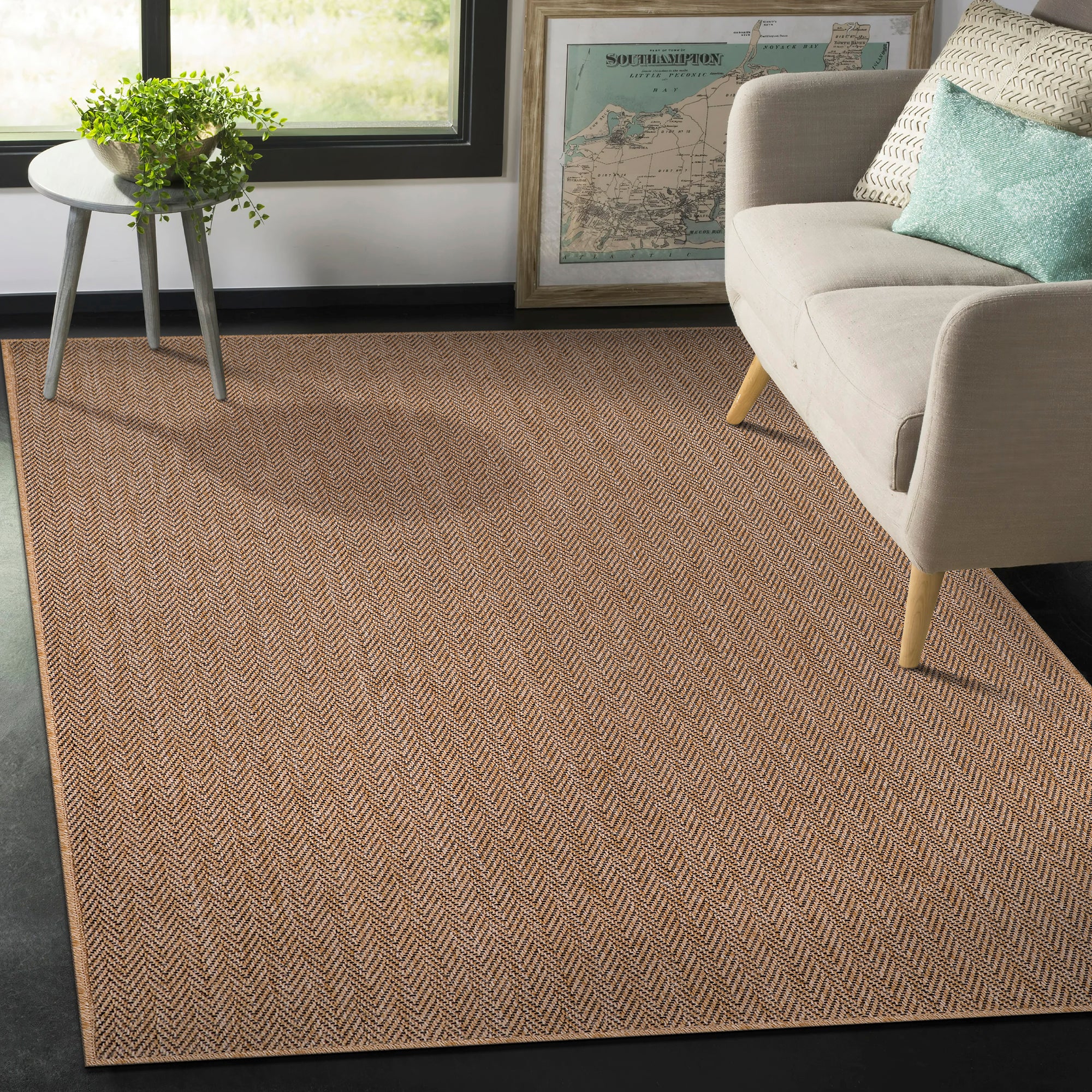 Netline Home Herringbone Natural Jute-Effect Rug – Indoor Outdoor Area Carpet, Non-Slip, Washable, Low-Pile, Beige Woven Look