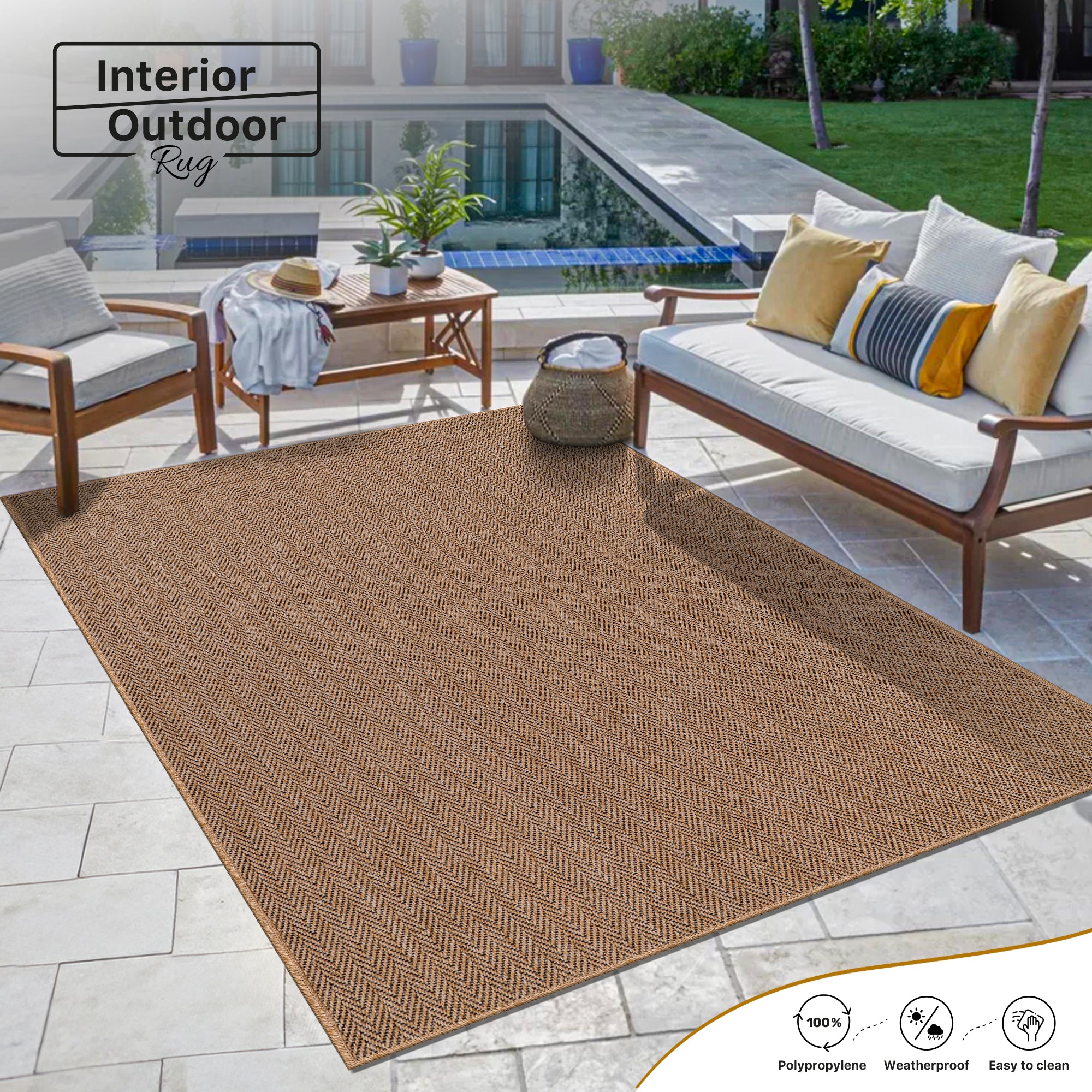 Netline Home Herringbone Natural Jute-Effect Rug – Indoor Outdoor Area Carpet, Non-Slip, Washable, Low-Pile, Beige Woven Look
