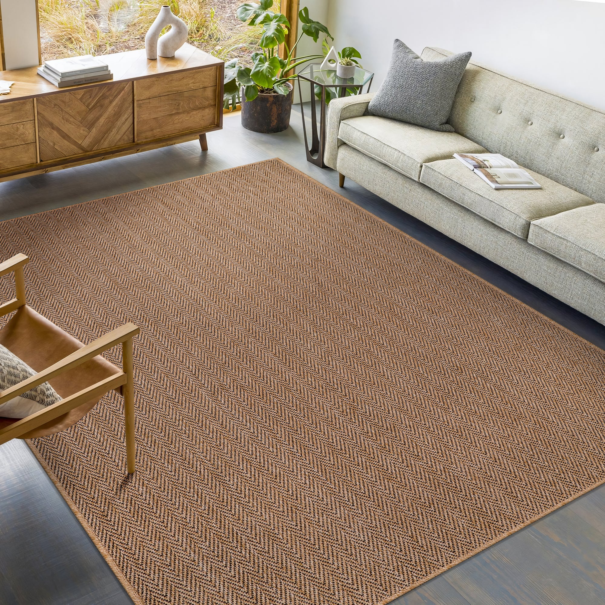 Netline Home Herringbone Natural Jute-Effect Rug – Indoor Outdoor Area Carpet, Non-Slip, Washable, Low-Pile, Beige Woven Look