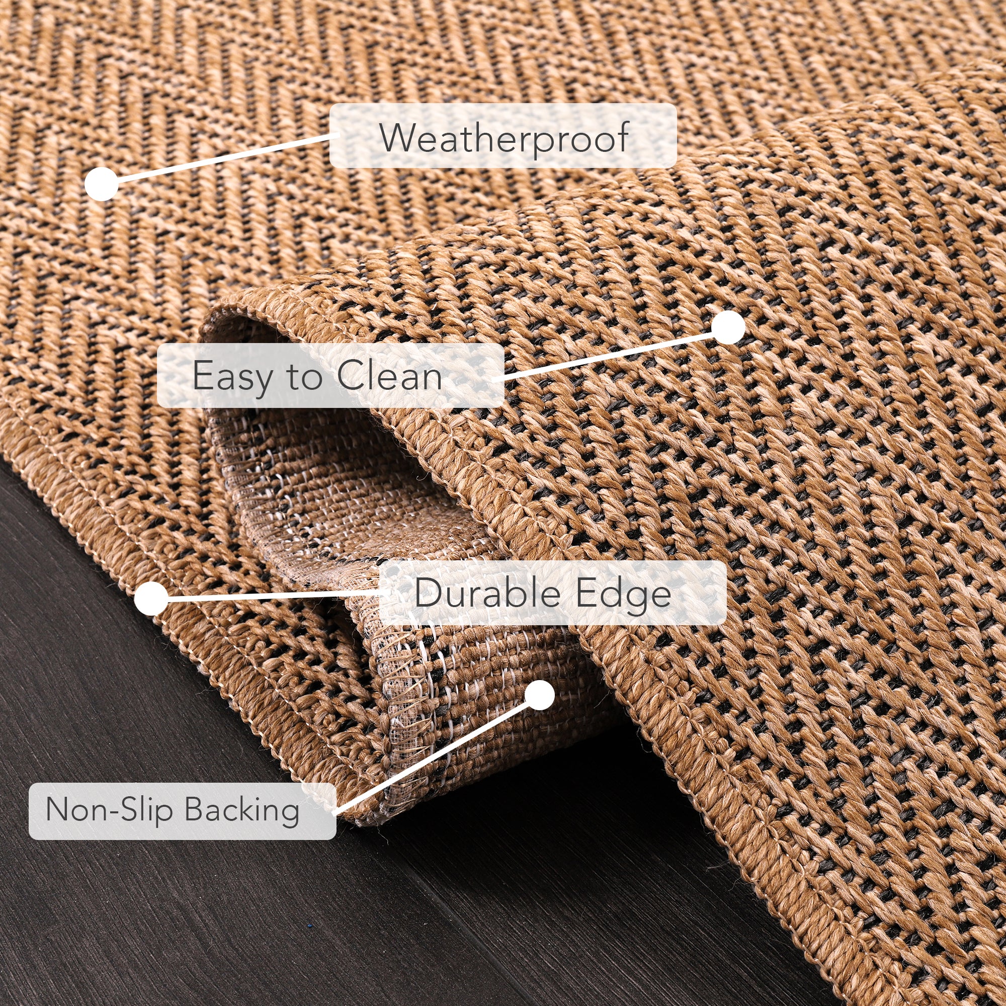 Netline Home Herringbone Natural Jute-Effect Rug – Indoor Outdoor Area Carpet, Non-Slip, Washable, Low-Pile, Beige Woven Look