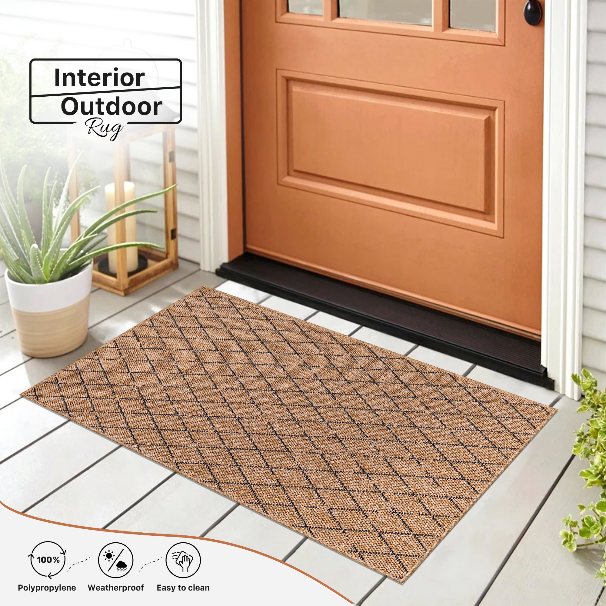 Netline Home Diamond Weave Jute-Effect Rug – Natural Outdoor/Indoor Area Rug with Black Geo Pattern, Non-Slip, Weatherproof, Easy-Clean