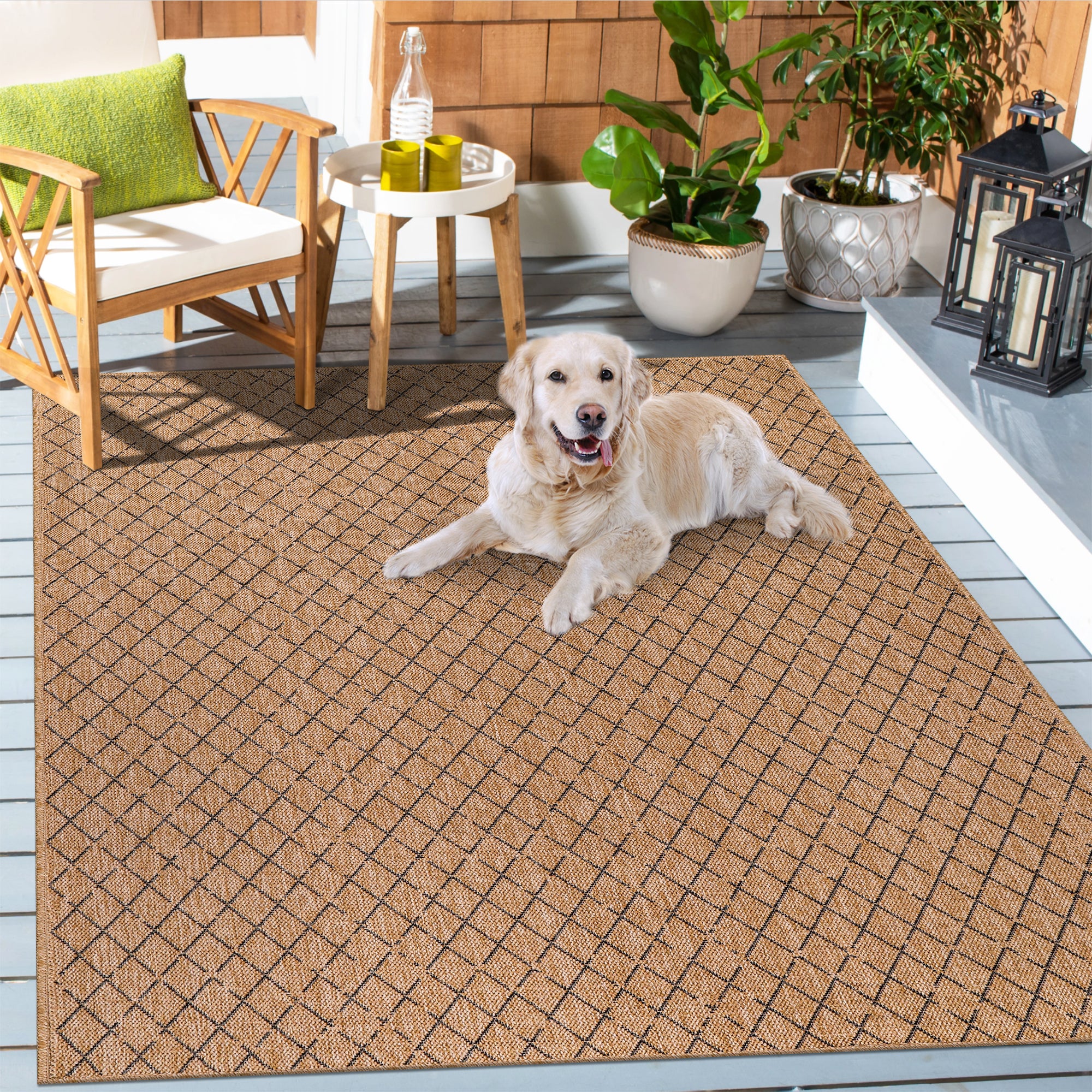 Netline Home Diamond Weave Jute-Effect Rug – Natural Outdoor/Indoor Area Rug with Black Geo Pattern, Non-Slip, Weatherproof, Easy-Clean