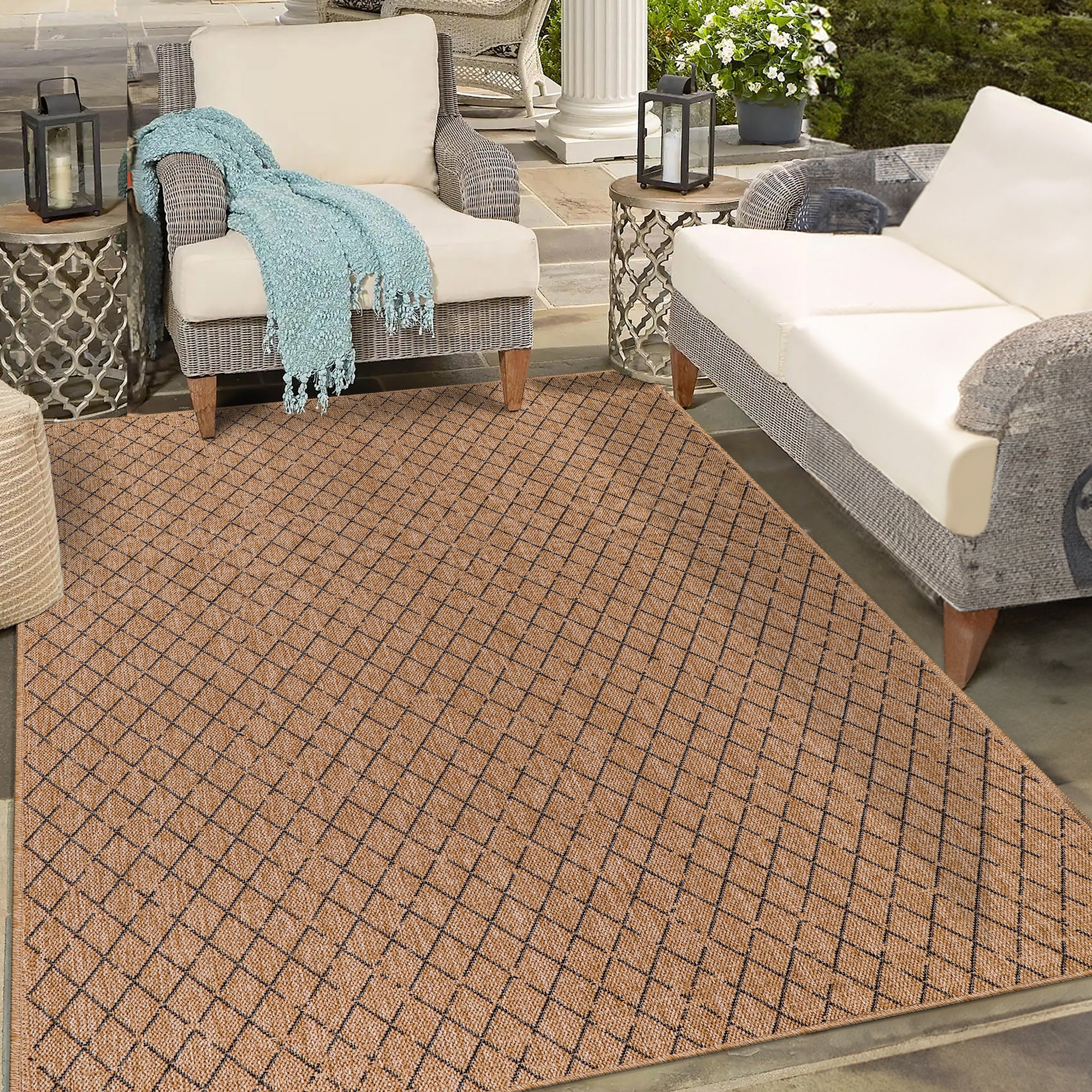 Netline Home Diamond Weave Jute-Effect Rug – Natural Outdoor/Indoor Area Rug with Black Geo Pattern, Non-Slip, Weatherproof, Easy-Clean