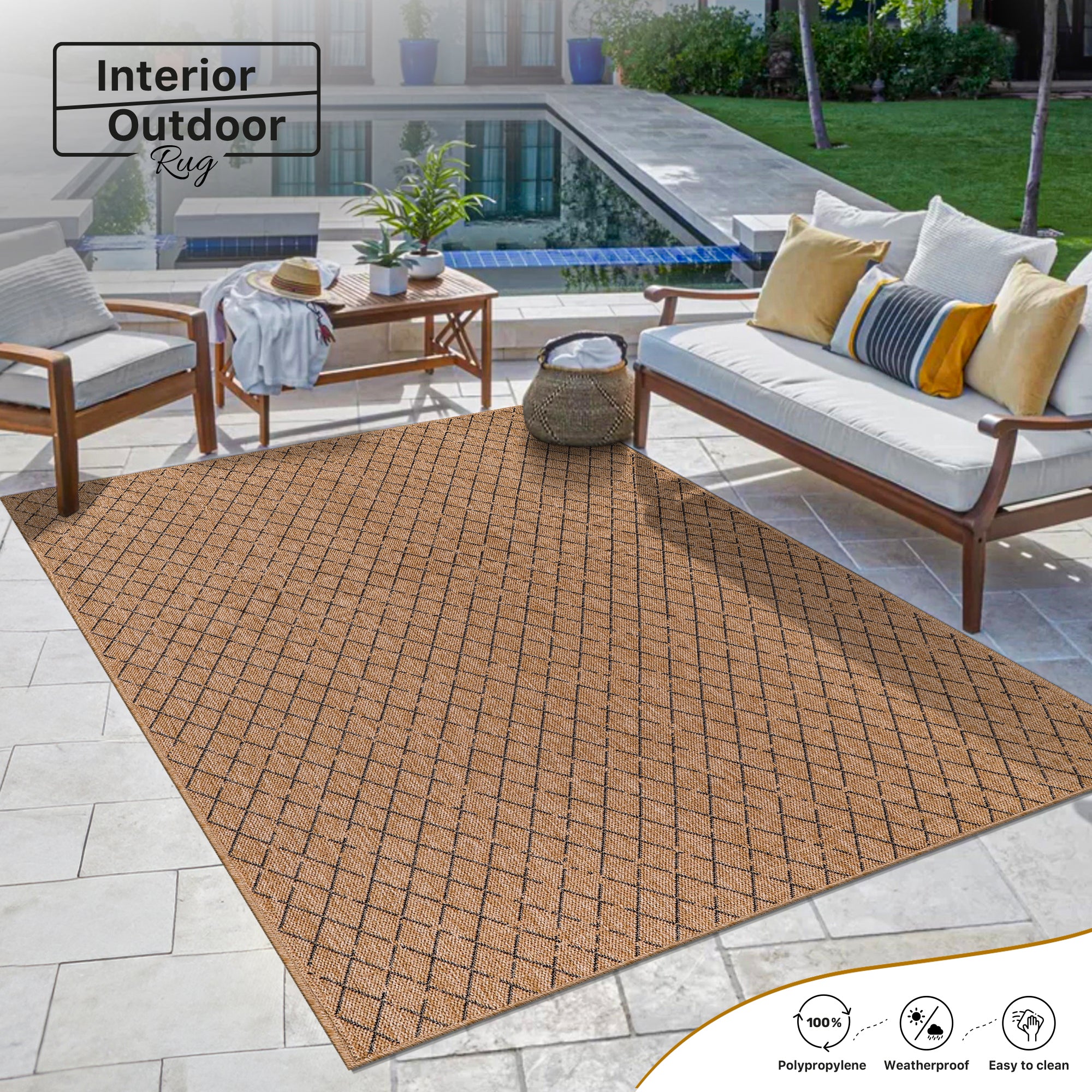 Netline Home Diamond Weave Jute-Effect Rug – Natural Outdoor/Indoor Area Rug with Black Geo Pattern, Non-Slip, Weatherproof, Easy-Clean