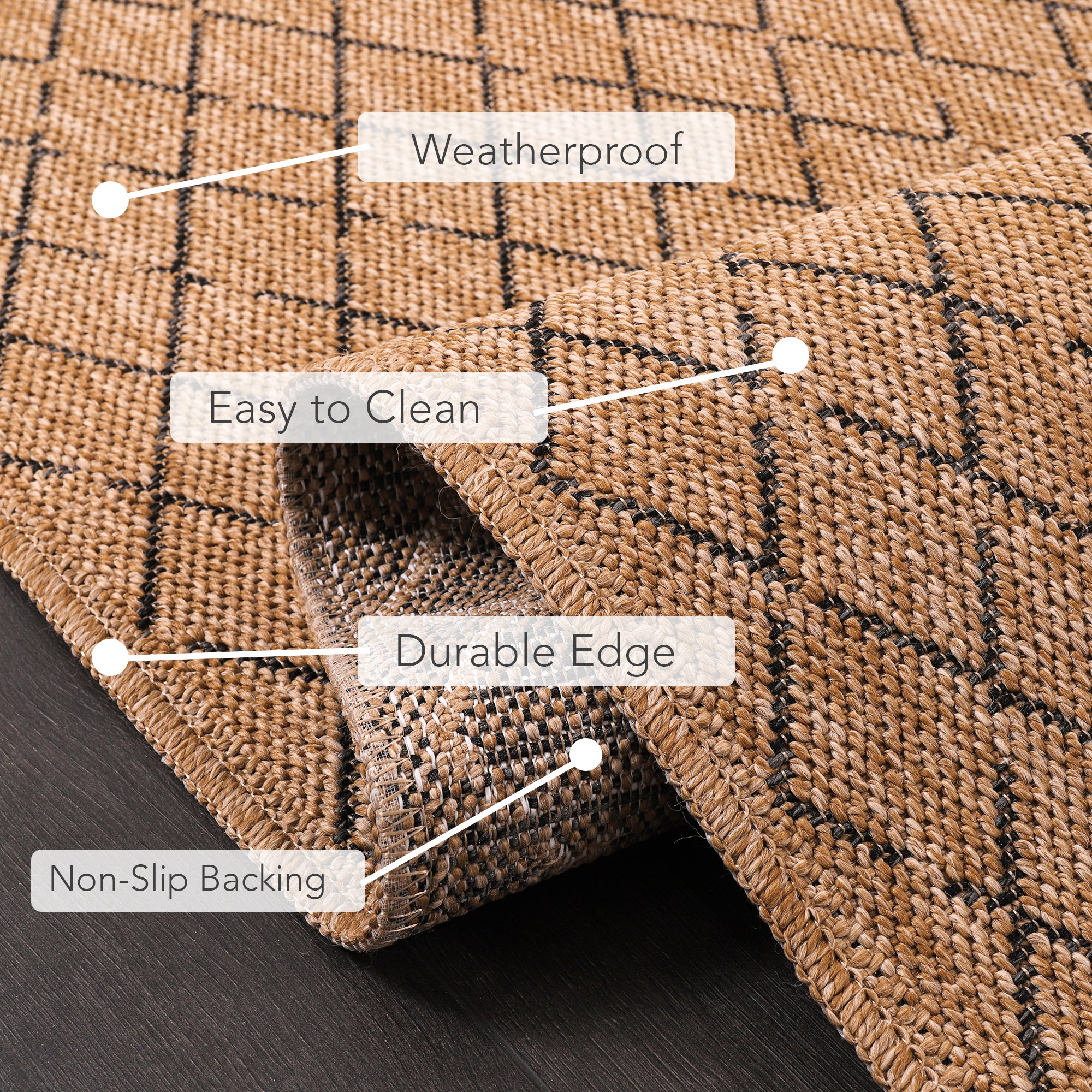 Netline Home Diamond Weave Jute-Effect Rug – Natural Outdoor/Indoor Area Rug with Black Geo Pattern, Non-Slip, Weatherproof, Easy-Clean