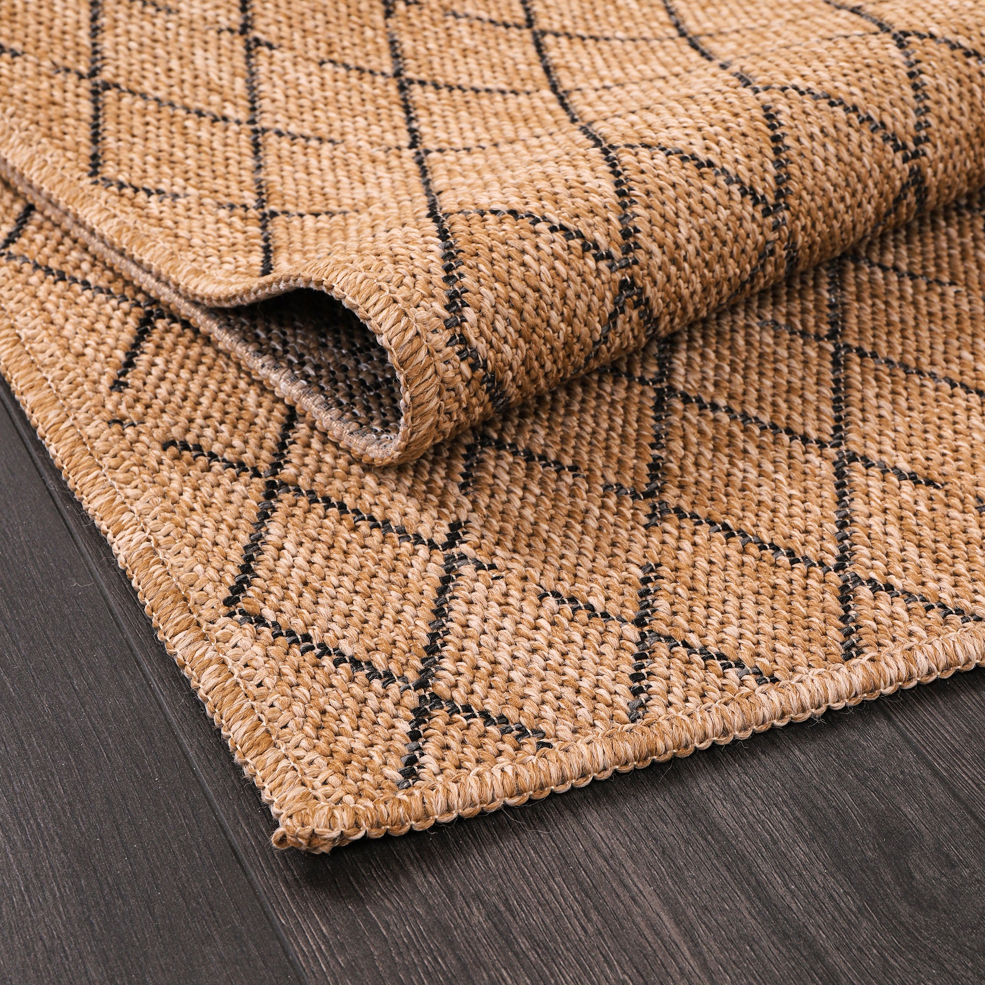 Netline Home Diamond Weave Jute-Effect Rug – Natural Outdoor/Indoor Area Rug with Black Geo Pattern, Non-Slip, Weatherproof, Easy-Clean