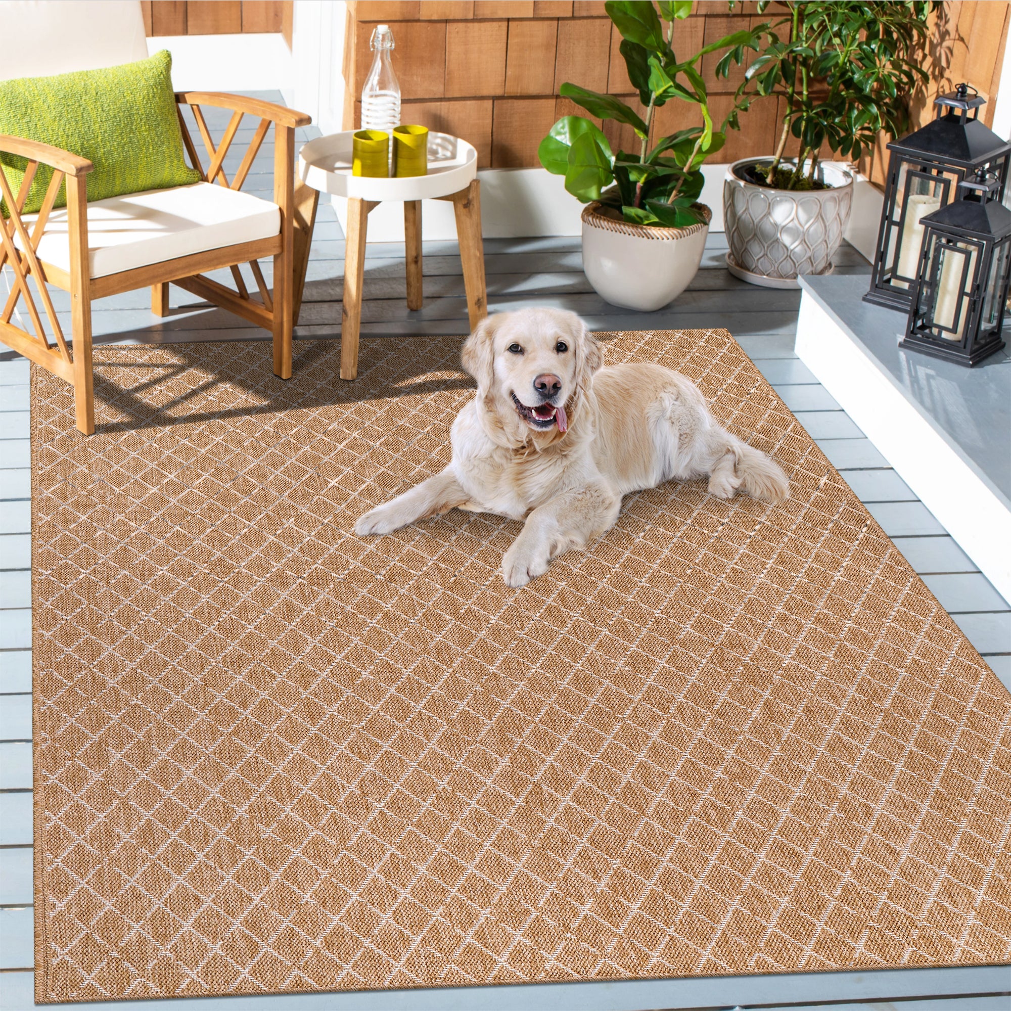 Netline Home White Diamond Jute-Effect Rug – Natural Indoor Outdoor Rug with Cream Trellis Pattern, Washable, Non-Slip, Low-Pile