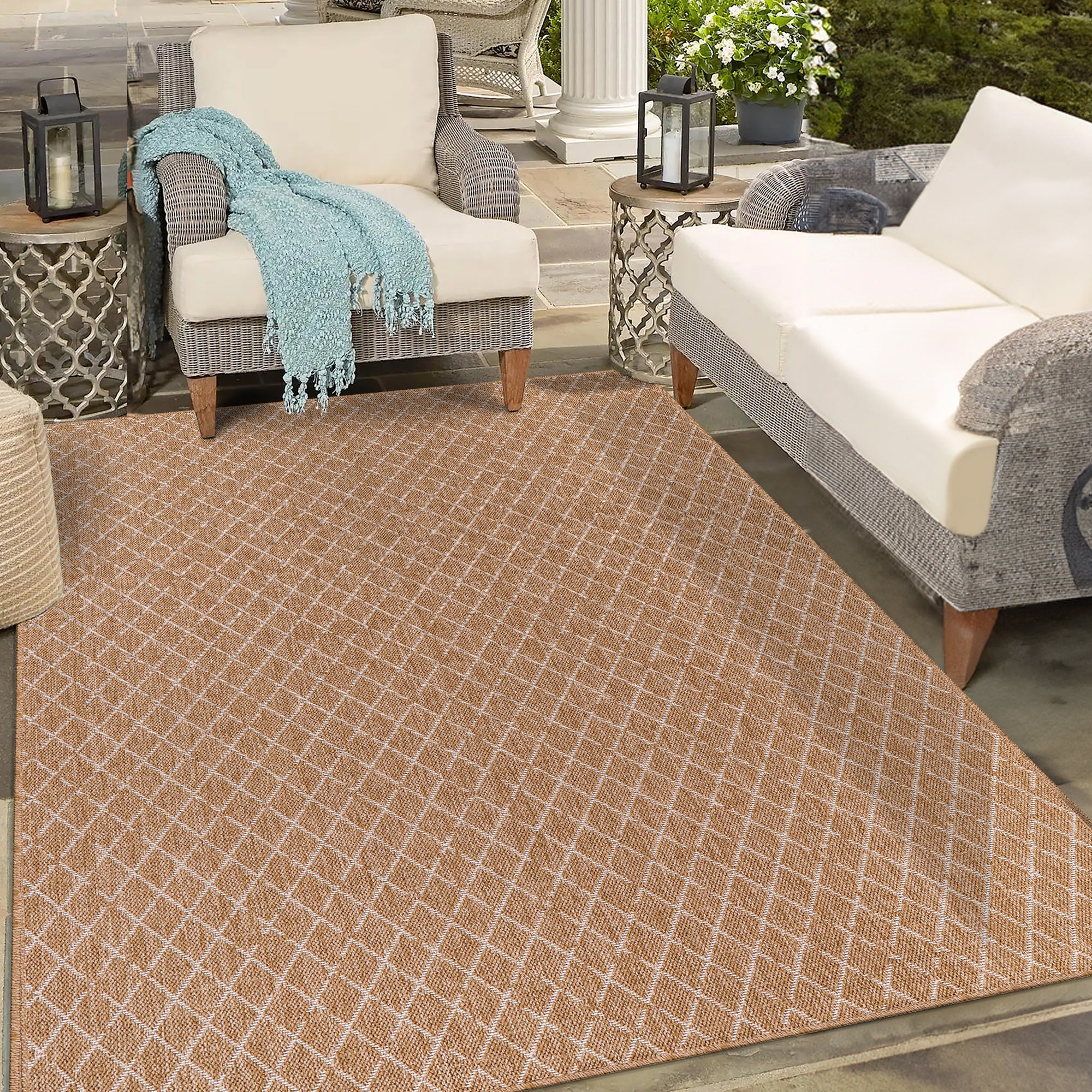 Netline Home White Diamond Jute-Effect Rug – Natural Indoor Outdoor Rug with Cream Trellis Pattern, Washable, Non-Slip, Low-Pile