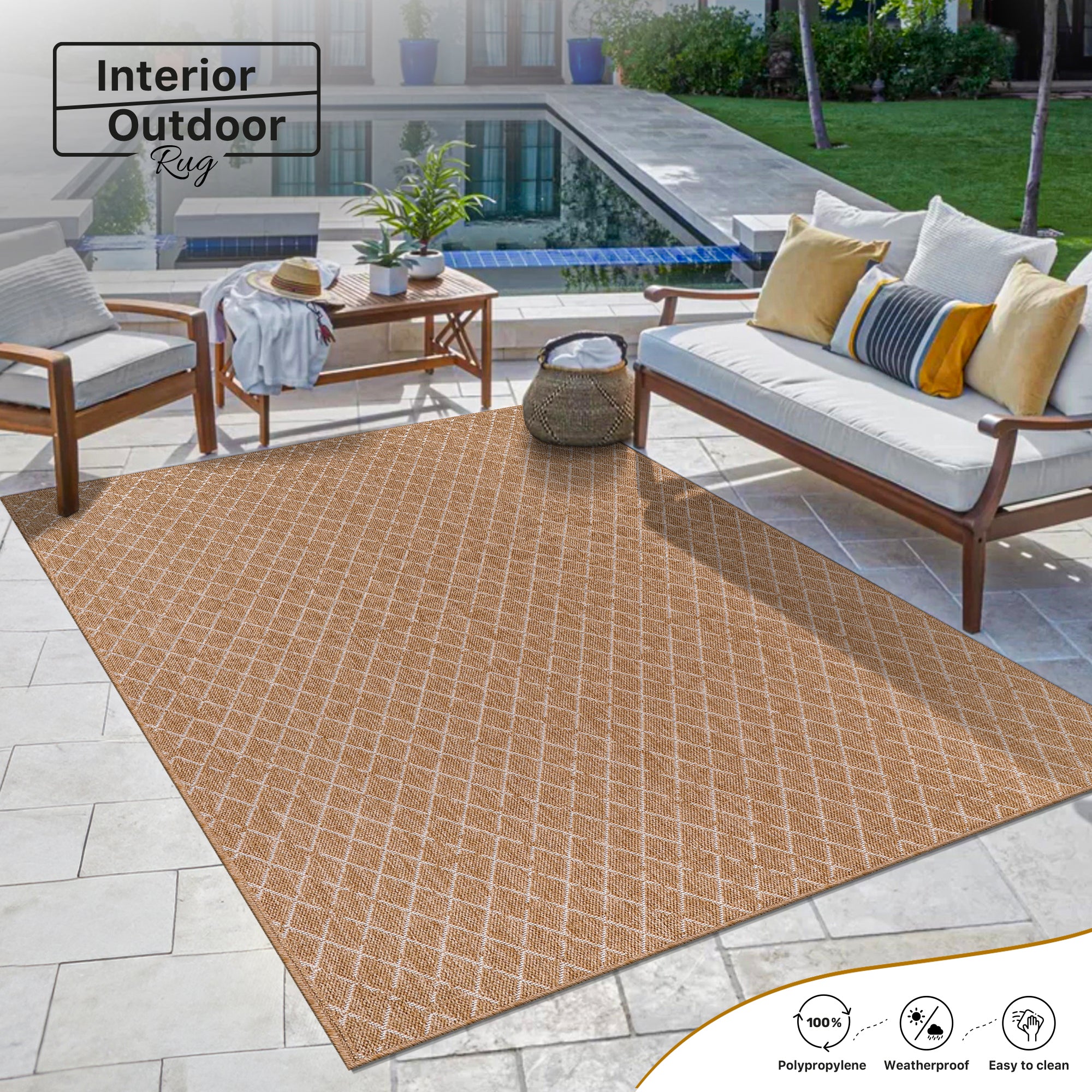Netline Home White Diamond Jute-Effect Rug – Natural Indoor Outdoor Rug with Cream Trellis Pattern, Washable, Non-Slip, Low-Pile