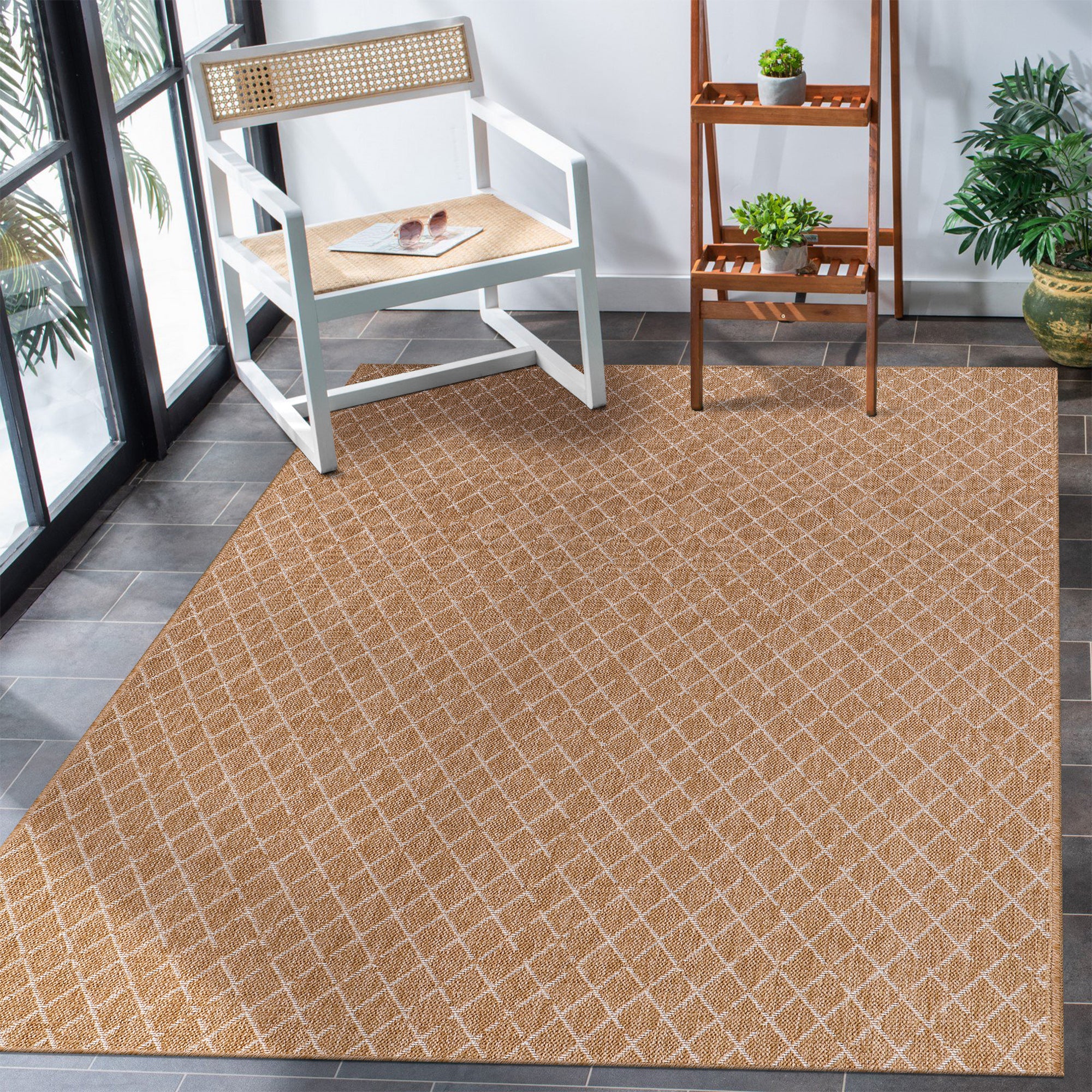 Netline Home White Diamond Jute-Effect Rug – Natural Indoor Outdoor Rug with Cream Trellis Pattern, Washable, Non-Slip, Low-Pile