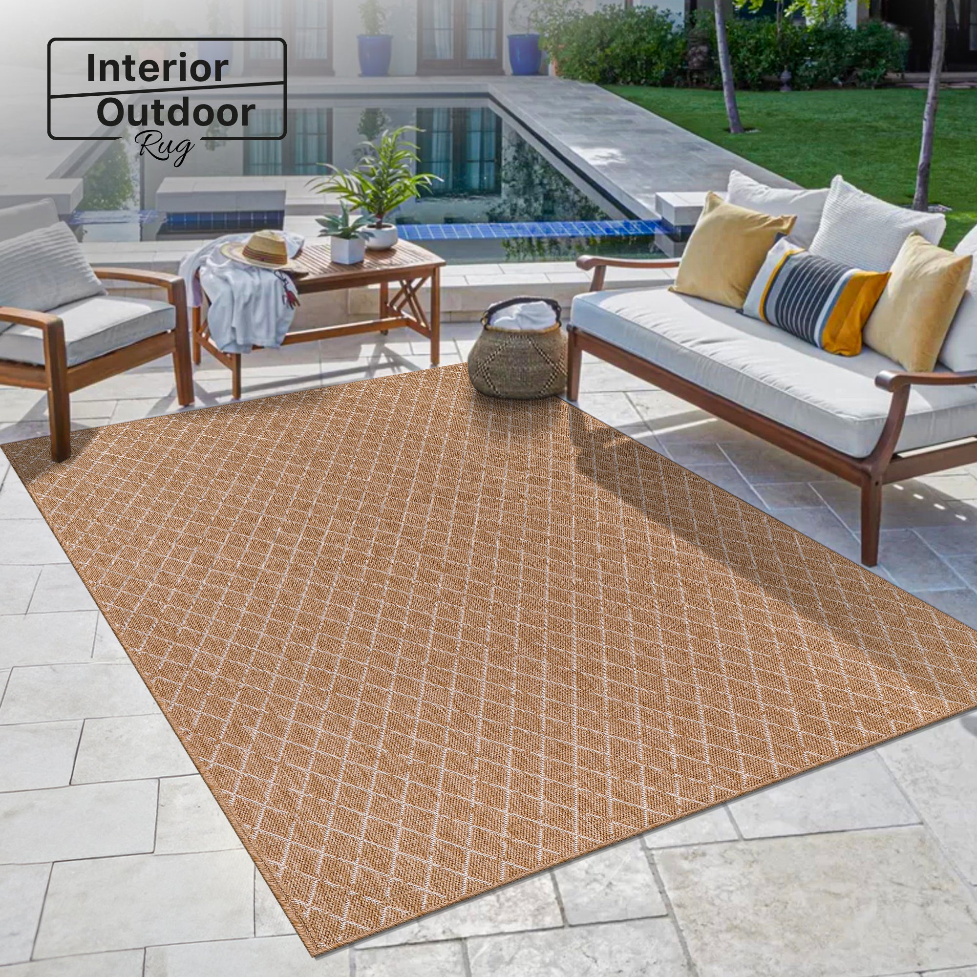 Netline Home White Diamond Jute-Effect Rug – Natural Indoor Outdoor Rug with Cream Trellis Pattern, Washable, Non-Slip, Low-Pile