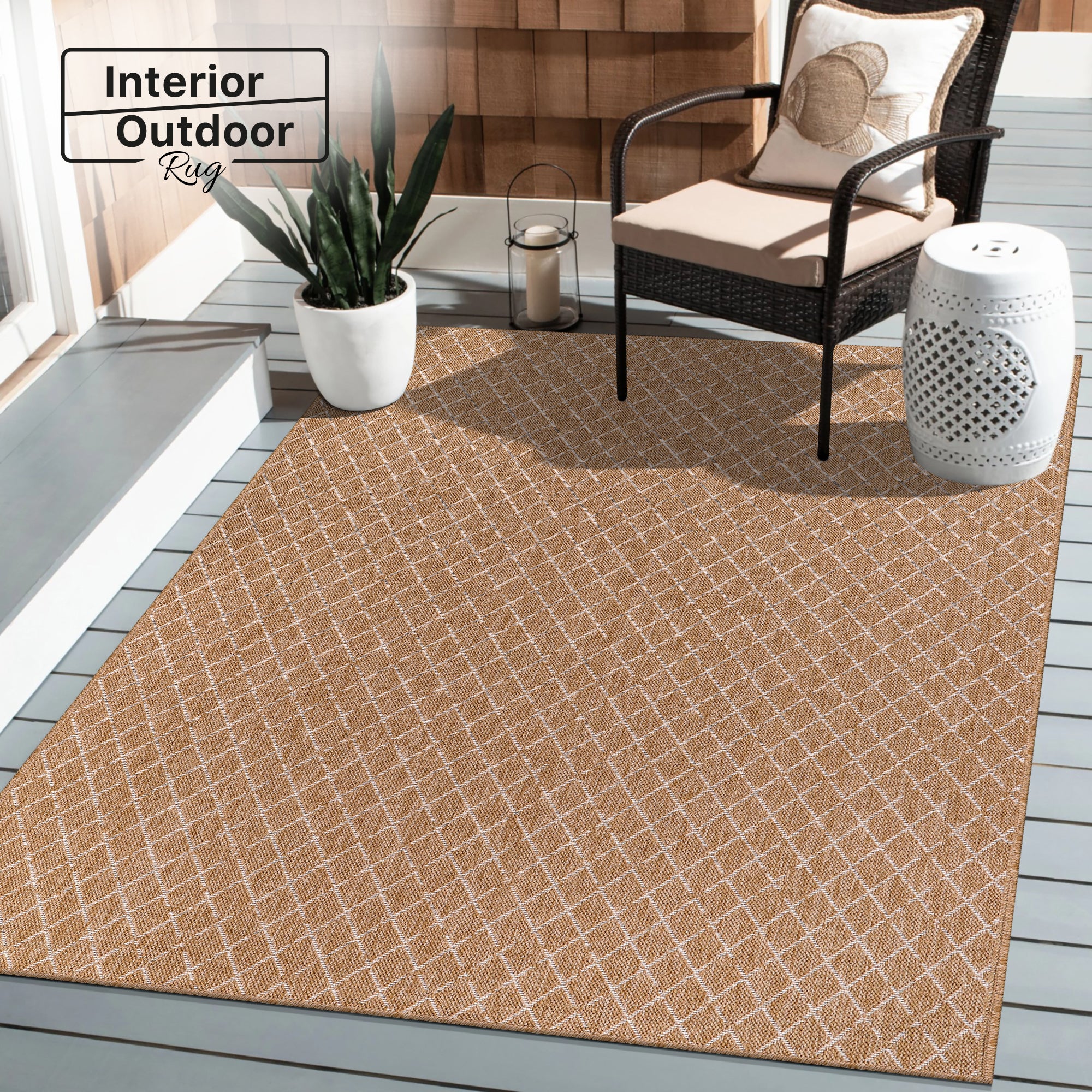 Netline Home White Diamond Jute-Effect Rug – Natural Indoor Outdoor Rug with Cream Trellis Pattern, Washable, Non-Slip, Low-Pile