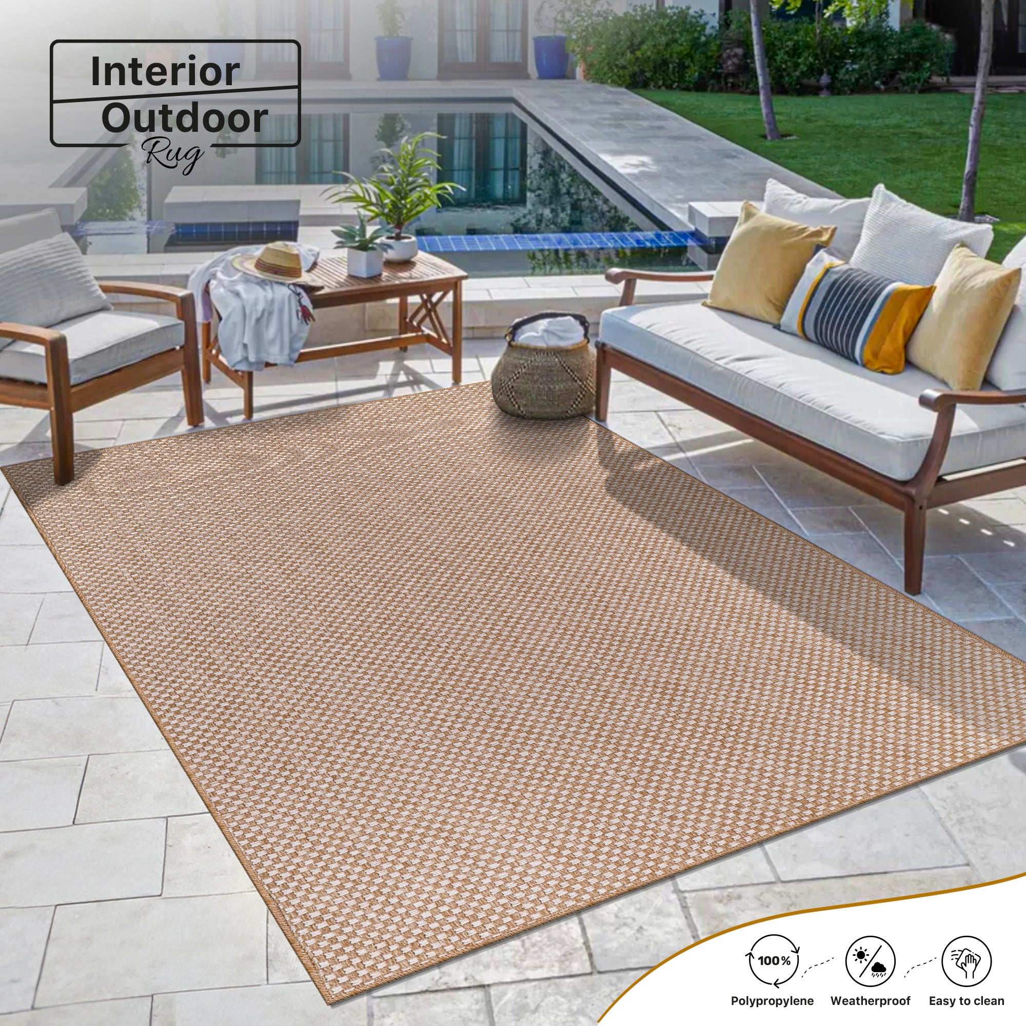 Netline Home Cream Check Jute-Effect Rug – Checkered Natural Woven Look Carpet, Indoor Outdoor, Non-Slip, Weatherproof, Easy-Clean