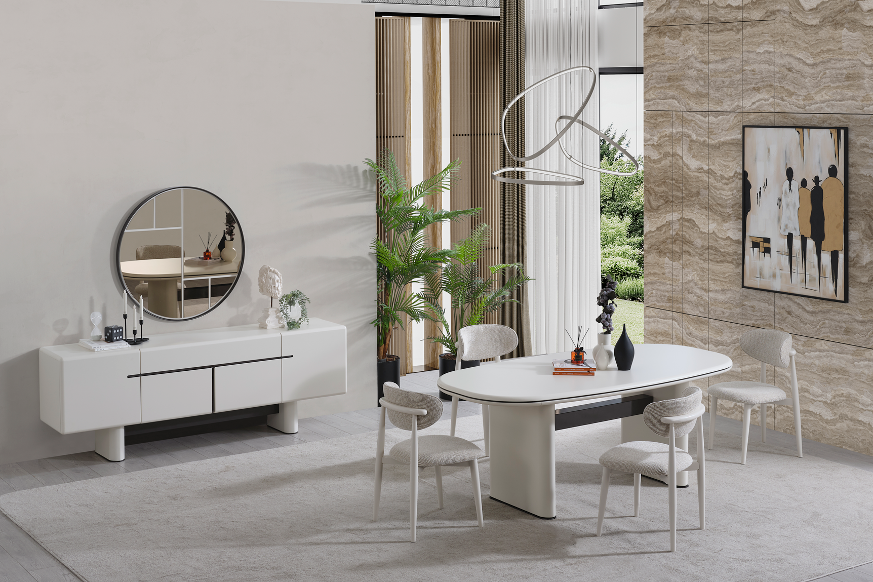 Elegant Dallas Premium Dining Room Set by Netline Home Interior featuring a wooden table and matching chairs in a modern design.