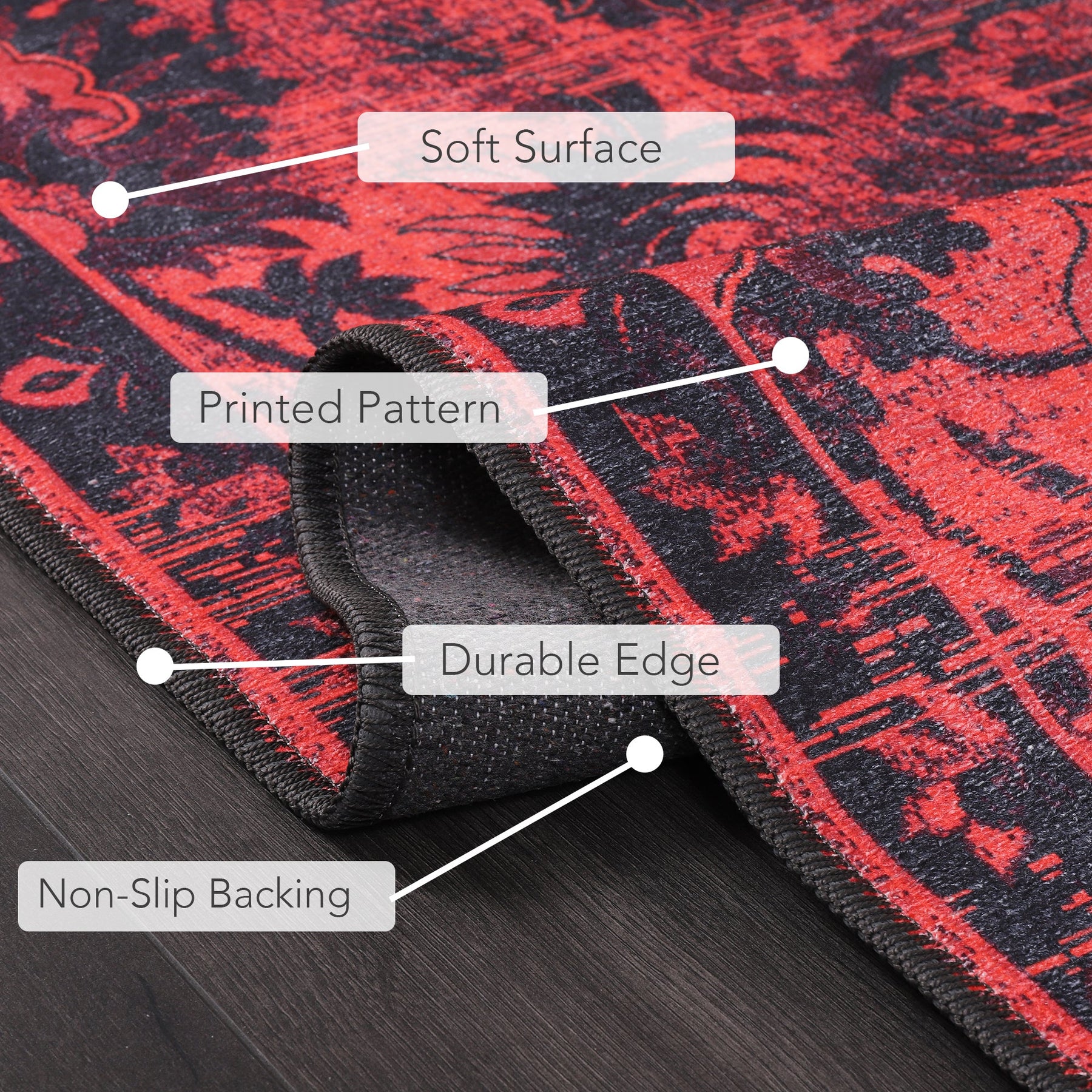 Red vintage floral washable rug by Netline Home featuring damask-inspired oriental design, perfect for living room, bedroom, or dining.
