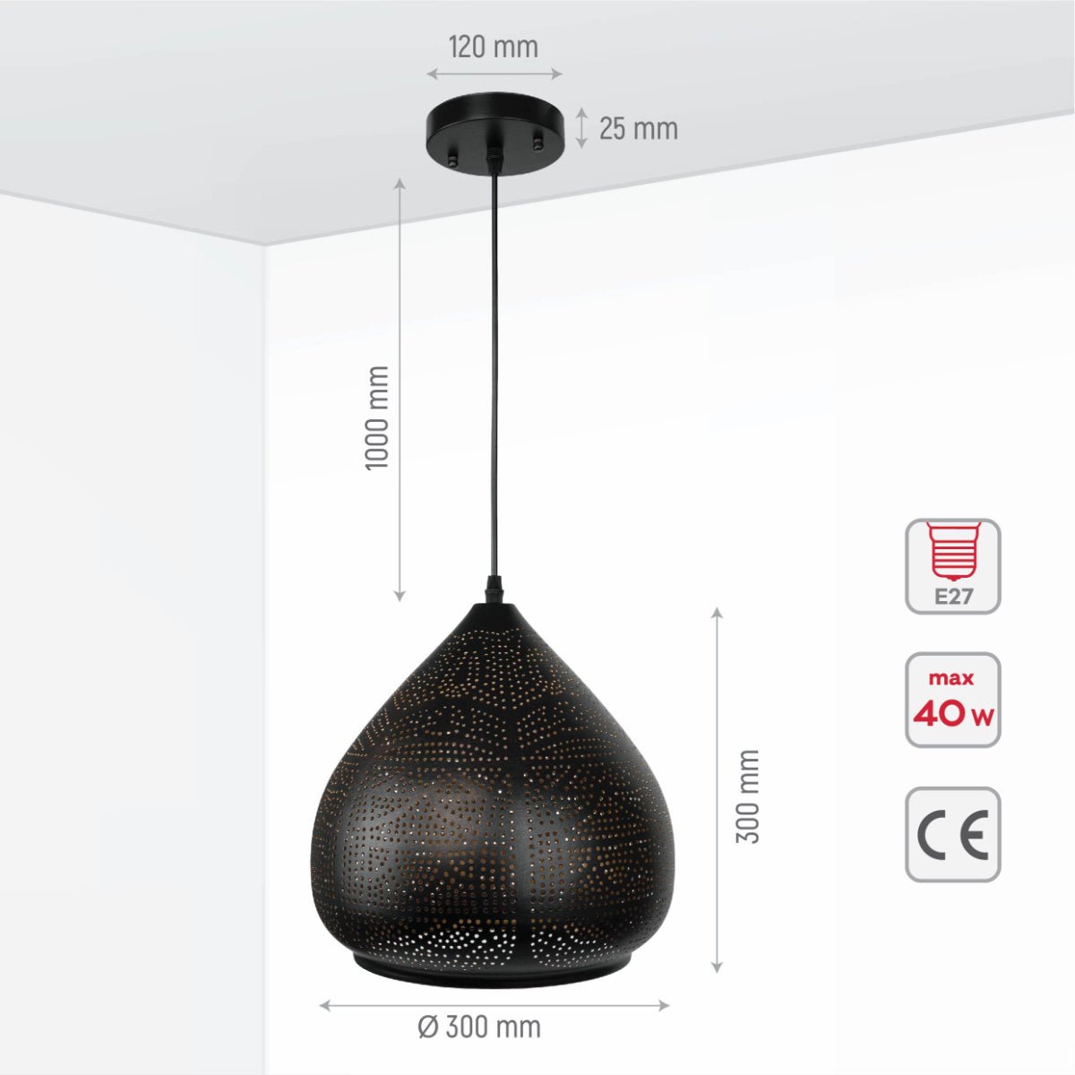 Black and gold metal India dome pendant light with E27 fitting, featuring intricate design for statement lighting in modern interiors.