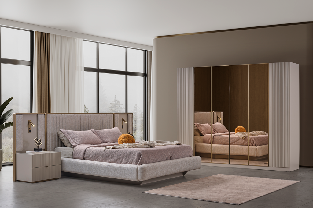 Hermes bedroom set by Netline Home Interior featuring a modern bed frame, matching nightstands, and stylish decor in a contemporary bedroom.