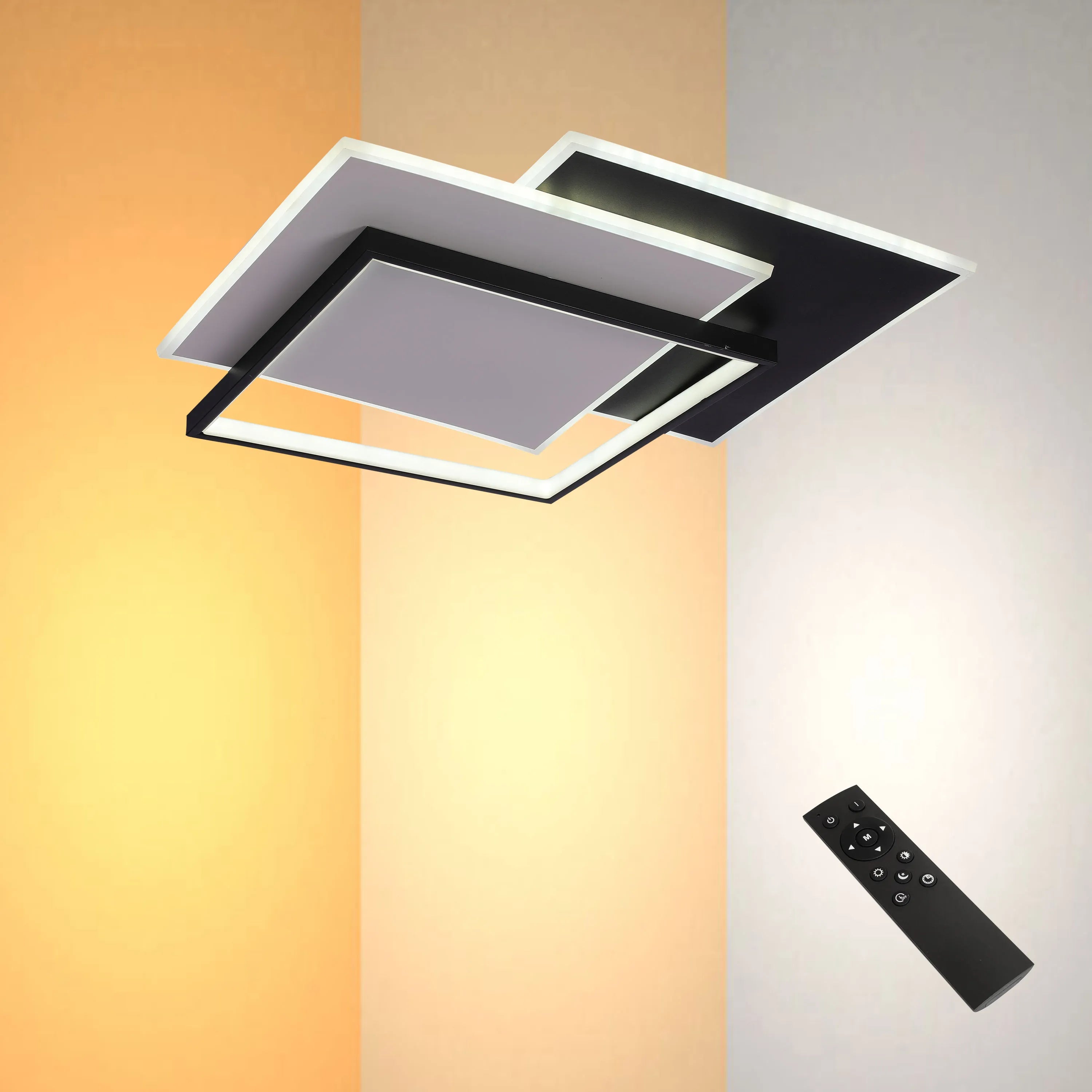 Layered square LED ceiling light by Netline Home Interior with CCT tuning, remote control, black and white finish, 72W flush mount.