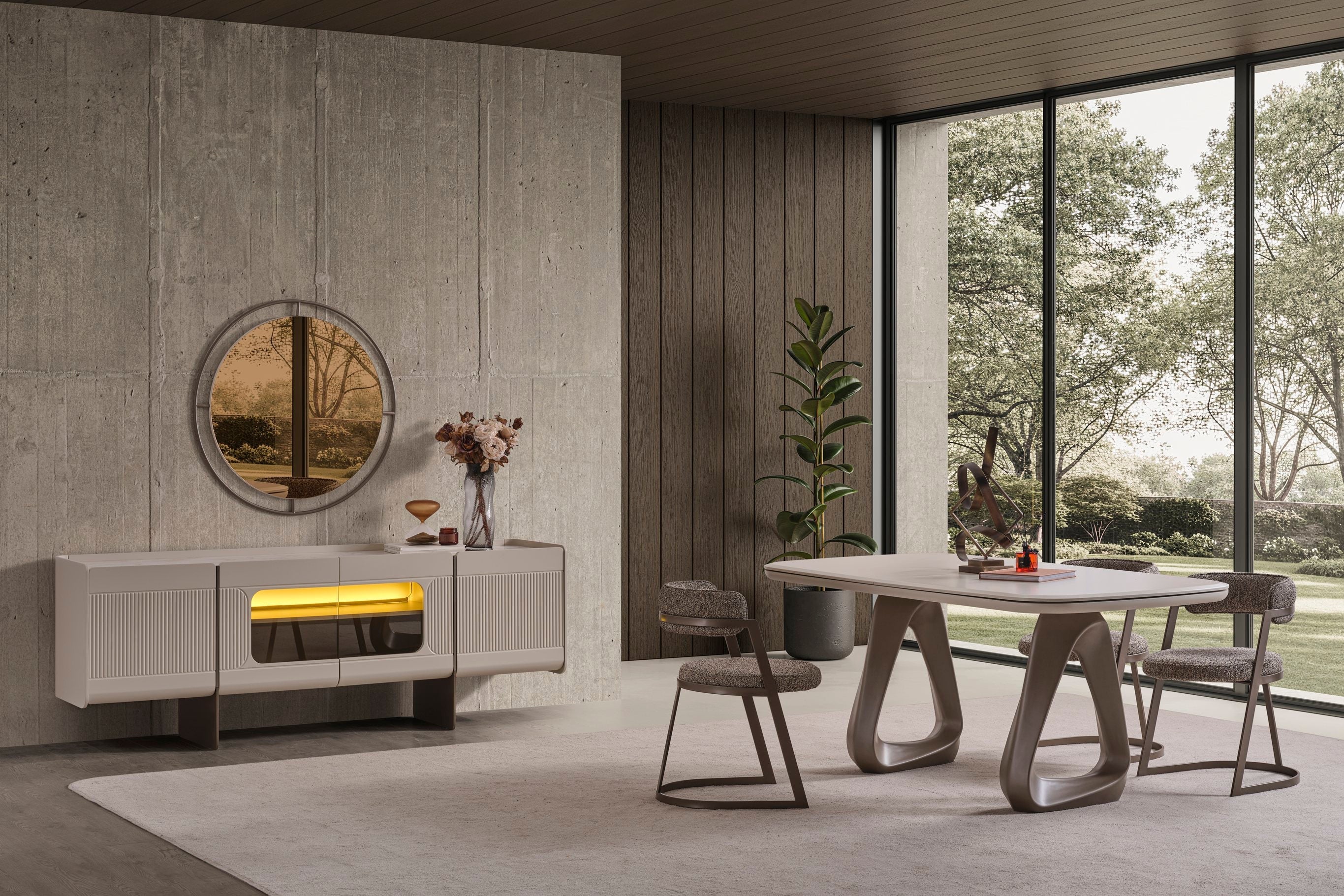 Modern Luna Dining Room Set by Netline Home Interior featuring a sleek table and four stylish chairs for contemporary dining.
