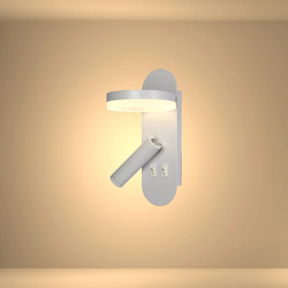 Netline Home Interior Lunar Halo Bedside Reading LED Wall Light with ambient accent lighting, mounted on a bedroom wall.