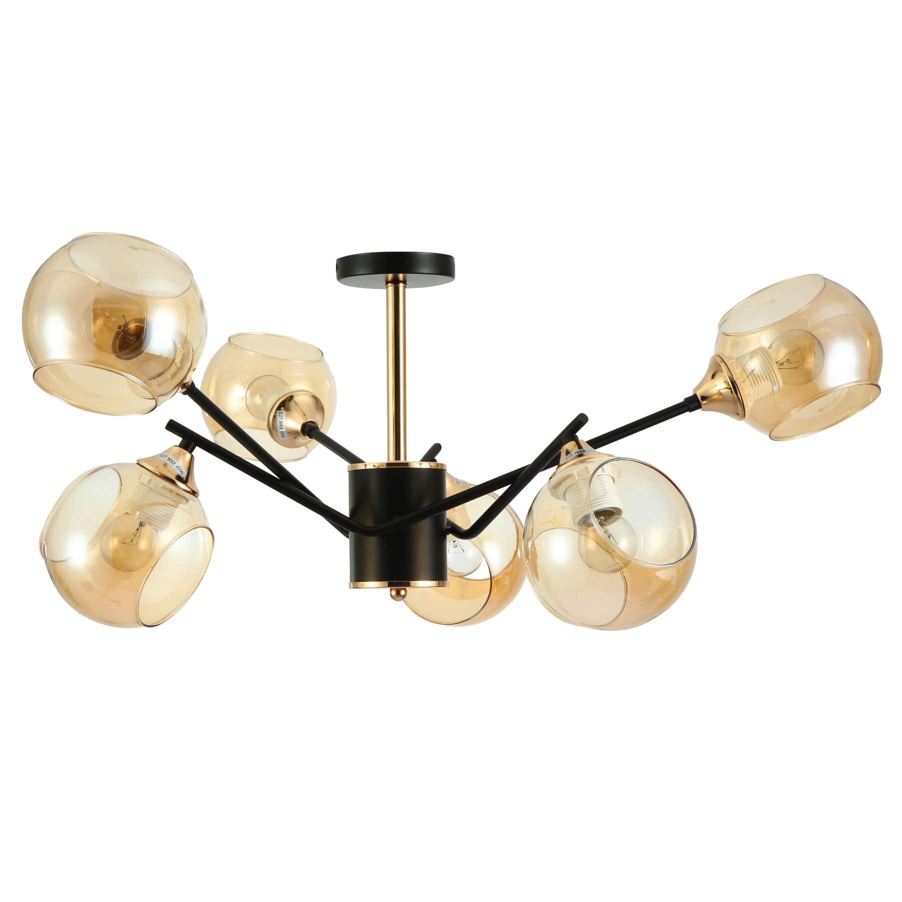 Amber Cut-out Globe Glass Black Gold Metal Sputnik Semi Flush Ceiling, ceiling light