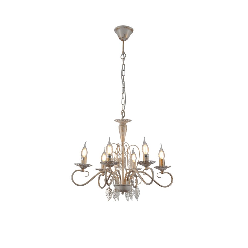 French Mediterranean Leaf ceiling light by Netline Home Interior, vintage gold patinated finish with white canopy and six E14 fittings.