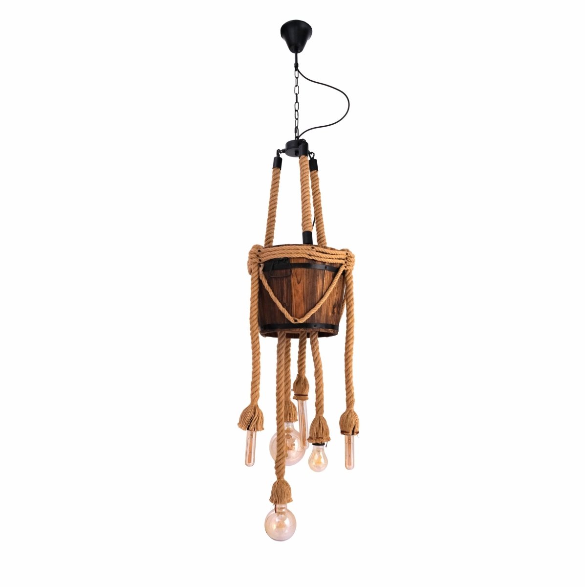Firewood basket chandelier with six hemp rope arms and E27 socket, contemporary farmhouse ceiling light by Netline Home Interior.