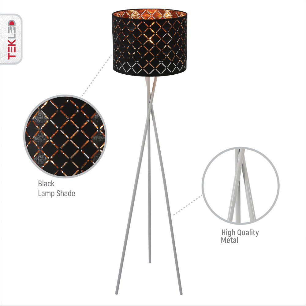 White tripod drum floor lamp with E27 fitting, decorative lighting by Netline Home Interior, ideal for modern living spaces.