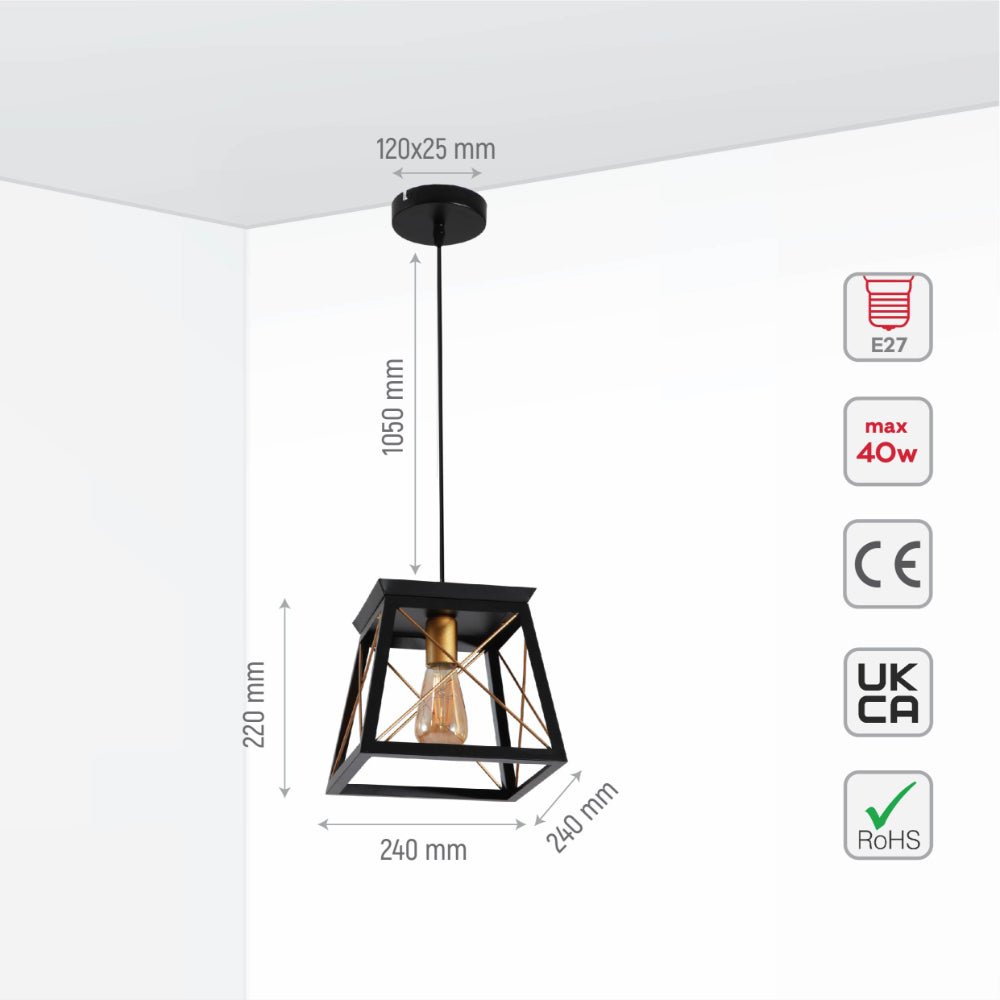 Black gold caged industrial square pendant light with E27 bulb socket, modern retro design for statement interior lighting.