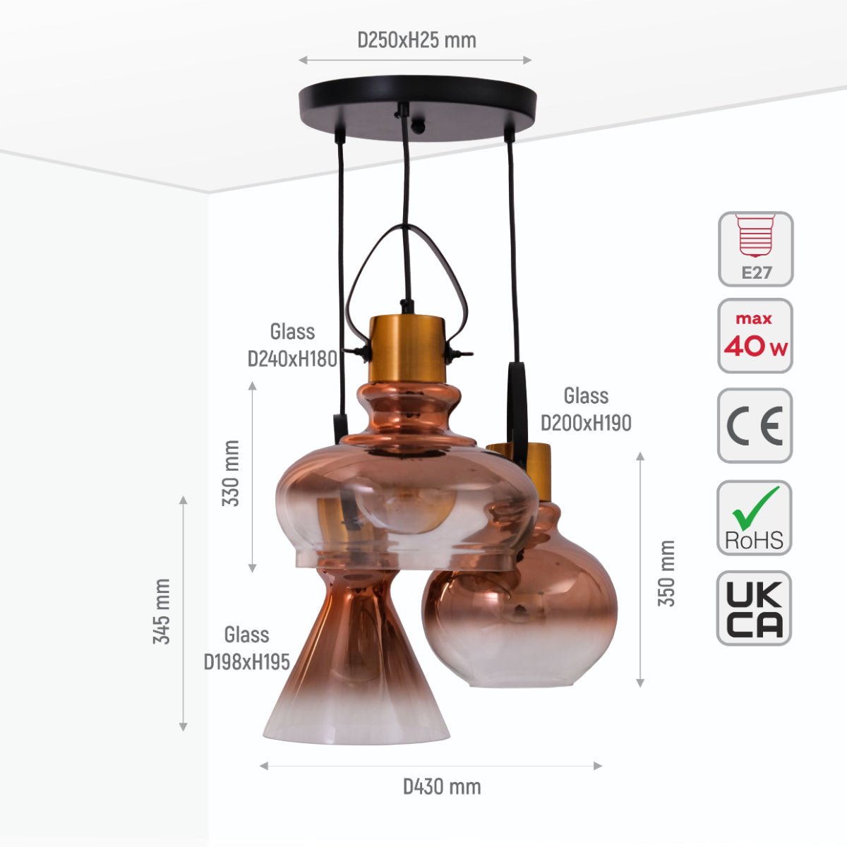 Bronze gradient glass funnel dome pendant light with E27 socket, modern statement lighting by Netline Home Interior.