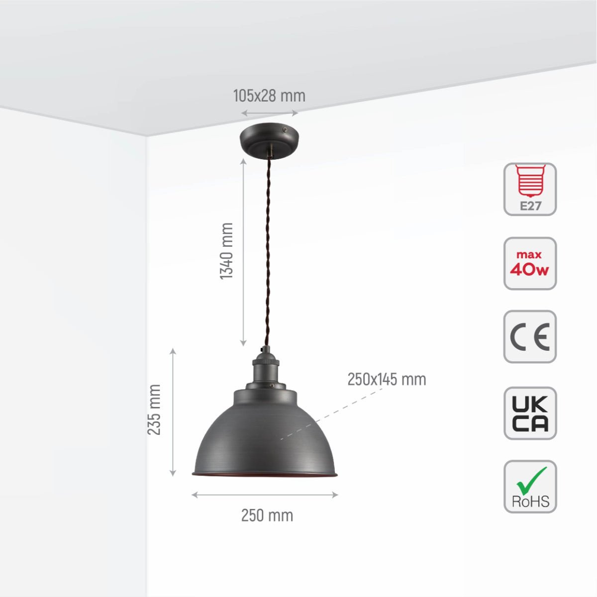 Brooklyn vintage metal dome pendant light by Netline Home Interior in pewter, copper, gold, brass finishes with E27 socket.