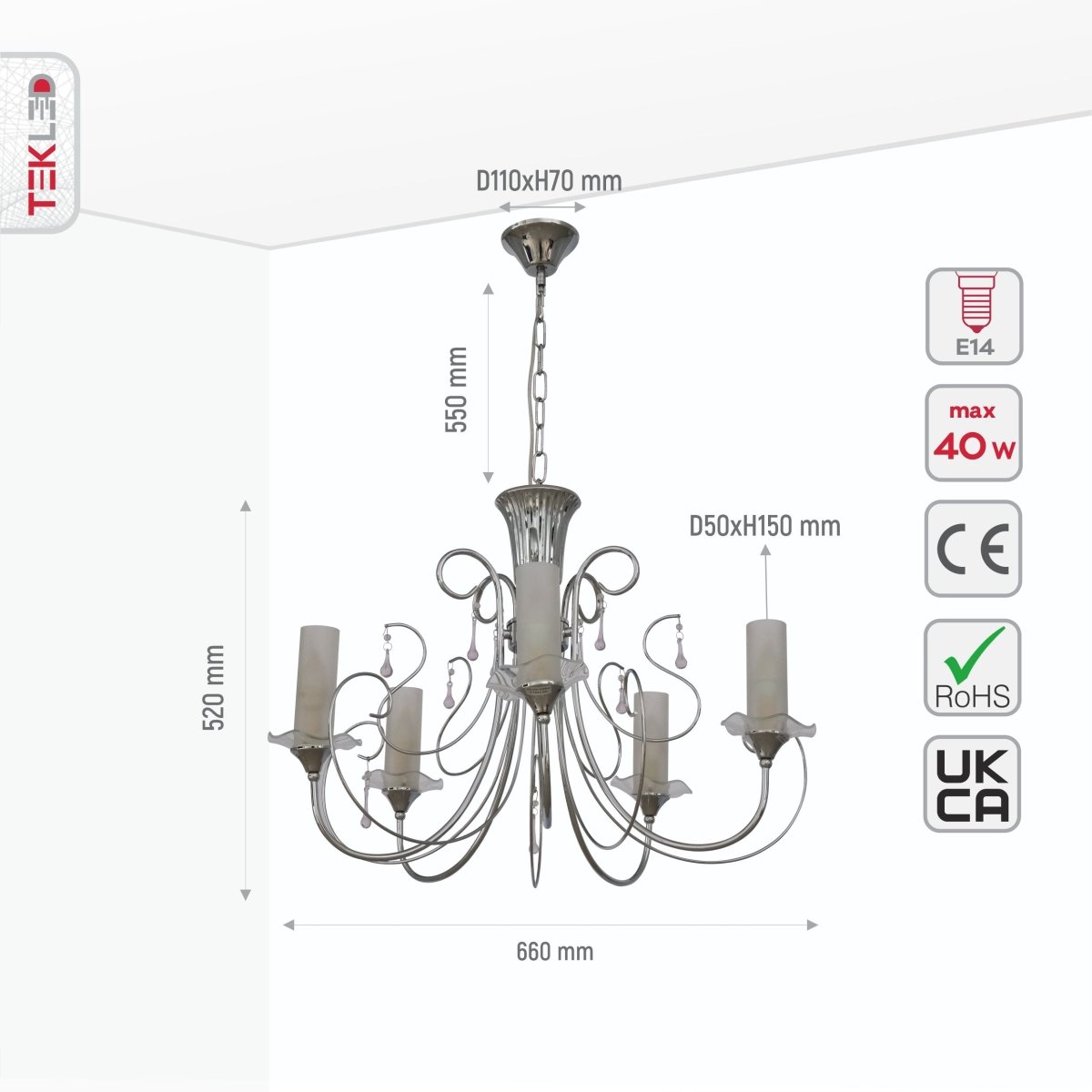 Opal cylinder glass and chrome metal ceiling light with five arms and E14 sockets, contemporary home lighting by Netline Home Interior.