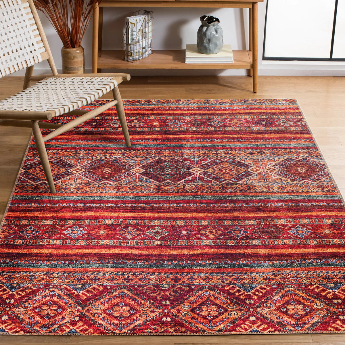 Multicolor tribal diamond washable rug by Netline Home featuring striped kilim-inspired design for living room, bedroom, or dining area.