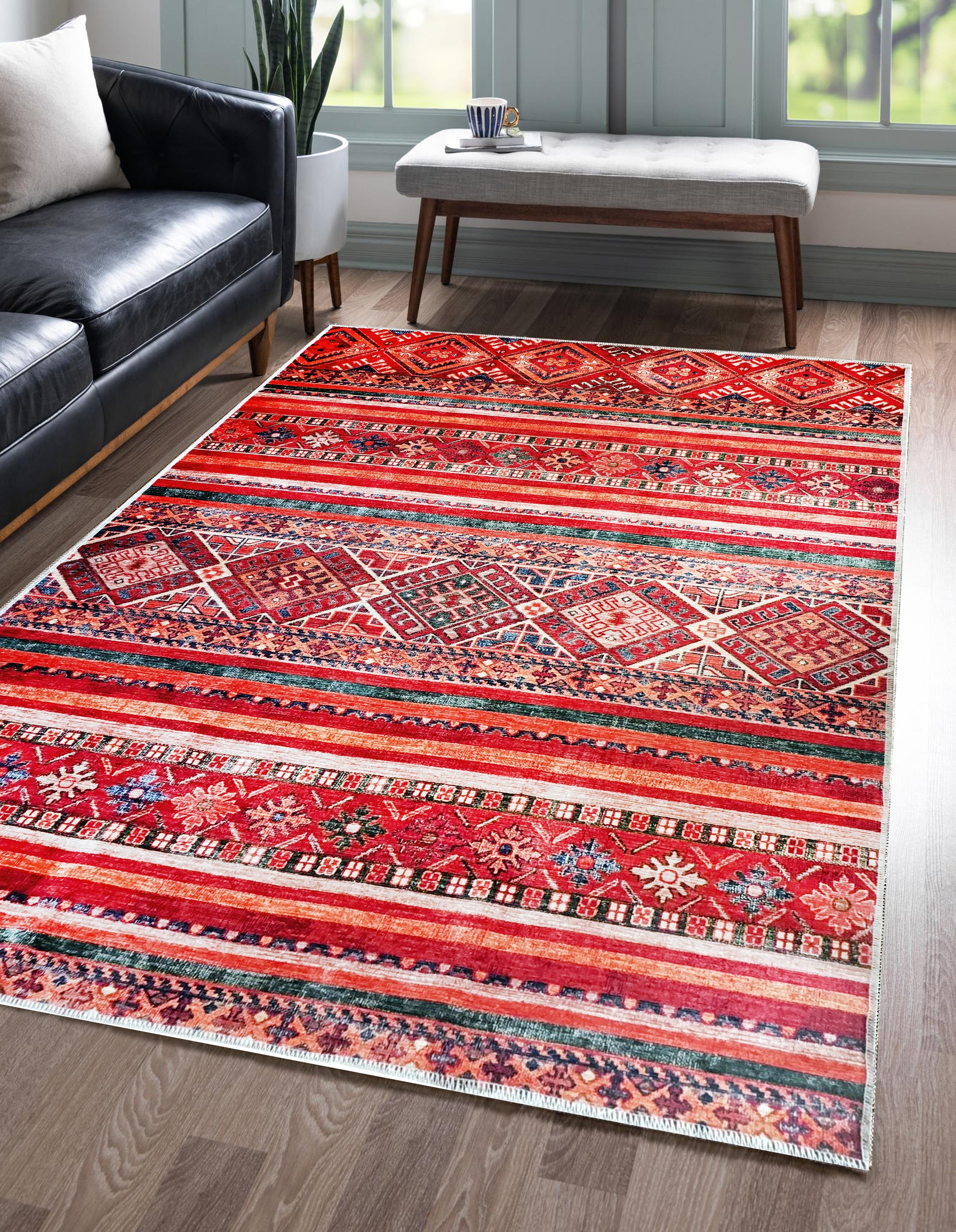 Netline Home Rugs Depot 1322K – Machine Washable Red Tribal Kilim Rug | Multicolor Geometric Striped Carpet for Living Room, Bedroom & Dining