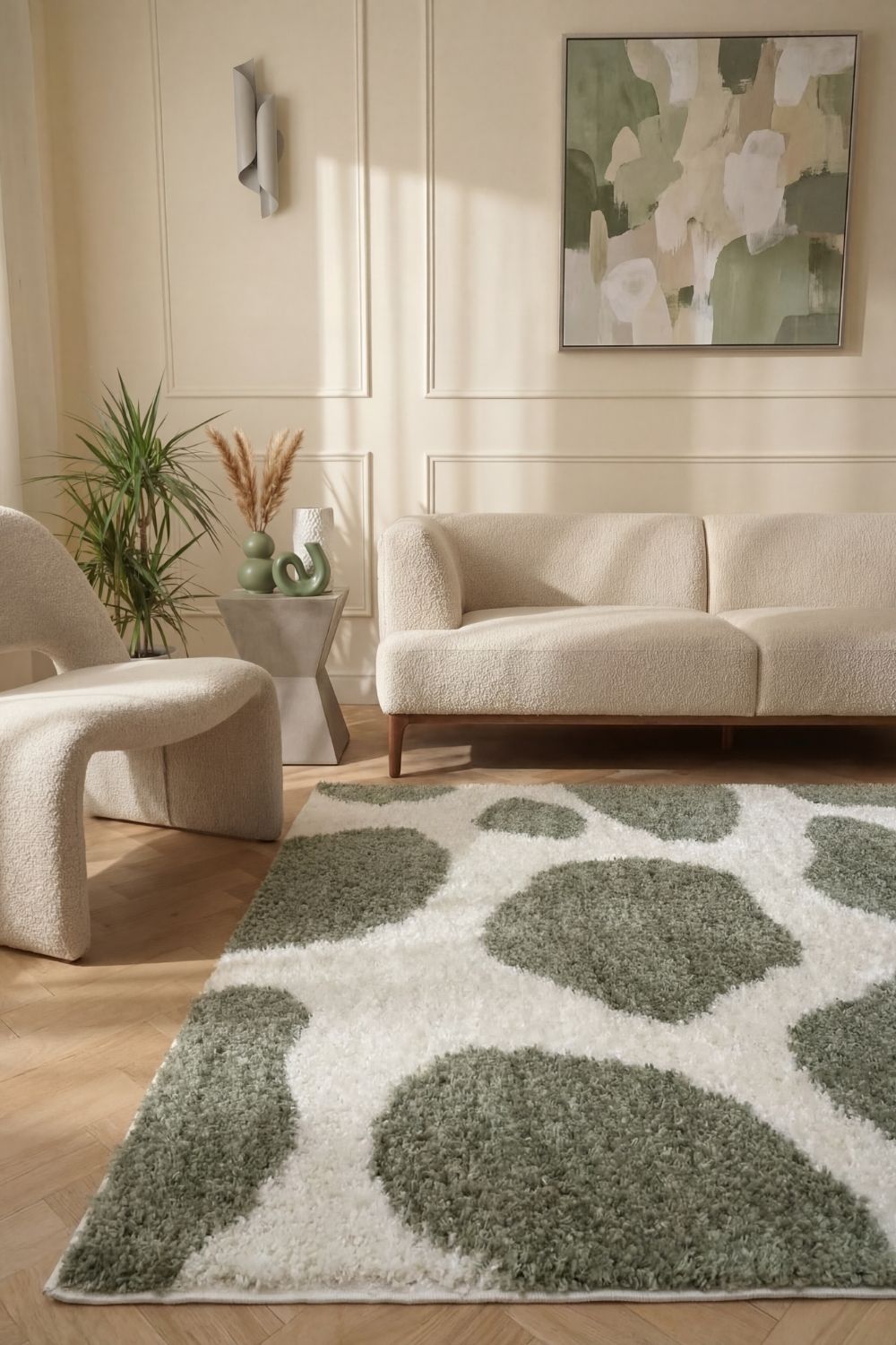 Green Moodi Shaggy Erosan Runner Rug with geometric pattern, displayed in a living room setting, by The Rugs.