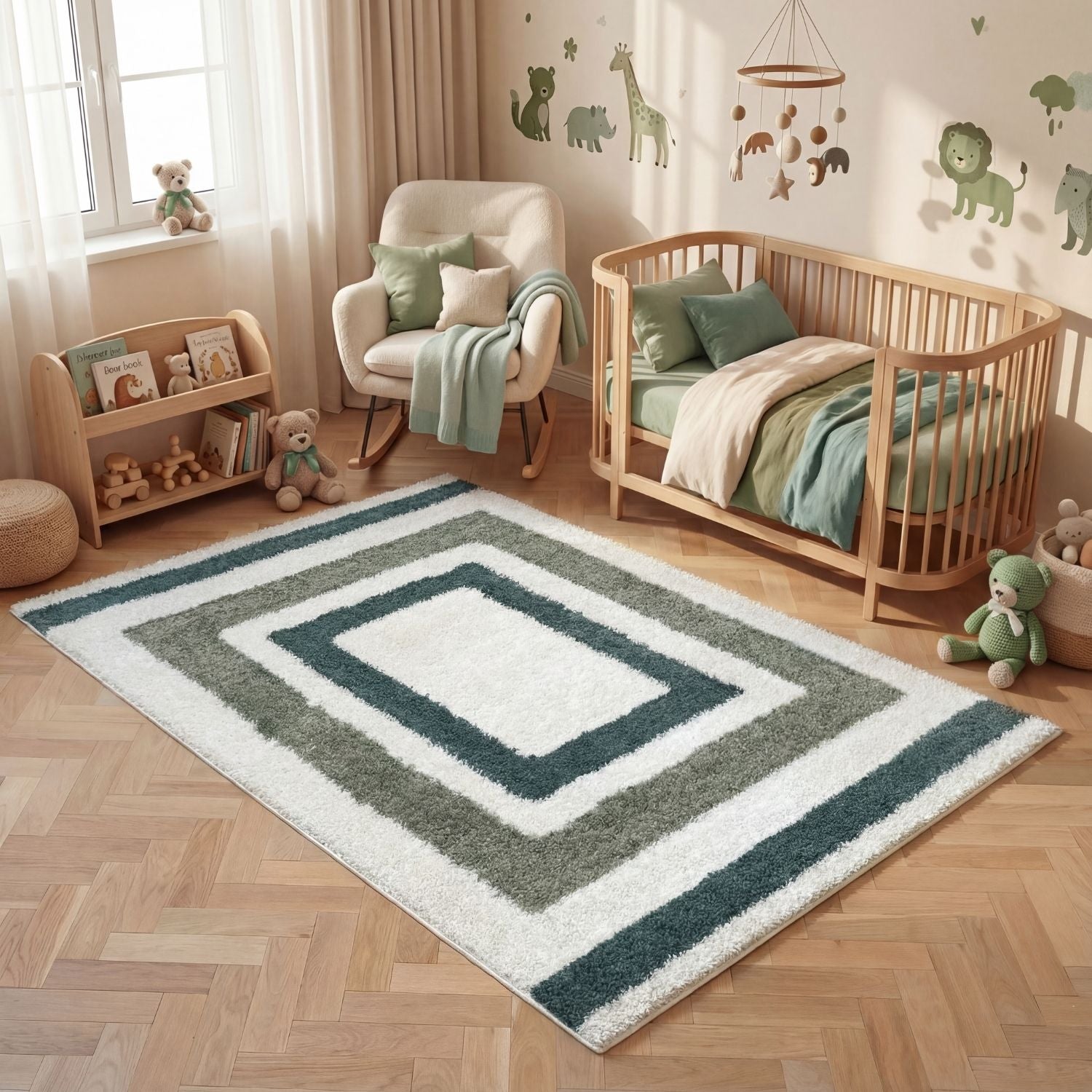 Green Moodi Shaggy Marina Runner Rug by The Rugs, soft textured shaggy style with a lush green color and plush pile.