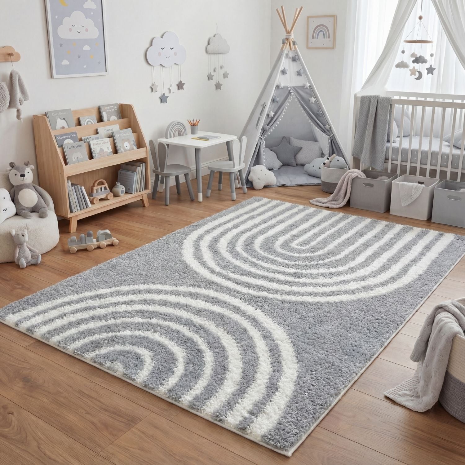 Grey Moodi Shaggy Echo Runner Rug by The Rugs, soft shaggy texture, plush grey fibers, ideal for hallway or corridor decor.